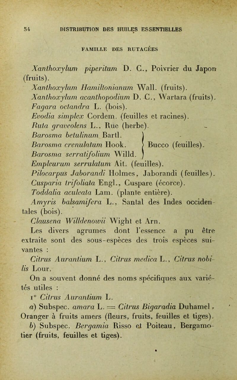 FAMILLE DES RUTACÉES Xanthoxylum piperitum D. C., Poivrier du Japon (fruits). Xanthoxylum Hamiltonianum Wall, (fruits). Xanthoxylum acanthopodium D. C., Wartara (fruits). Fagara oclandra L. (bois). Evodia simplex Cordem. (feuilles et racines). Rata graveolens L., Rue (herbe). Barosma betulinum Bartl. 1 Barosma crenulatum Hook. ; Bucco (feuilles). Barosma serratifolium Willd. ) Empleurum serrulatum Ait. (feuilles). Pilocarpus Jaborandi Holmes, Jaborandi (feuilles). Cusparia trifoliata Engl., Cuspare (écorce). Toddalia aculeata Lam. (plante entière). Amyris balsamifera L., Santal des Indes occiden- tales (bois). Clausena Willdenowii Wight et Arn. Les divers agrumes dont l’essence a pu être extraite sont des sous-espèces des trois espèces sui- vantes : Cil rus Aurantium L., Citrus medica L., Cil rus nobi- lis Lour. On a souvent donné des noms spécifiques aux varié- tés utiles : i° Citrus Aurantium L. a) Subspec. amara L. = Citrus Bigaradia Duhamel, Oranger à fruits amers (fleurs, fruits, feuilles et tiges). b) Subspec. Bergamia Risso et Poiteau, Bergamo- tier (fruits, feuilles et tiges).
