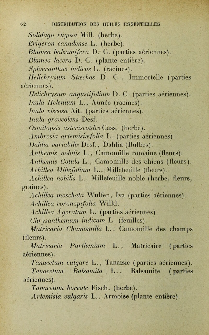 Solidago rugosa Mill. (herbe). Erigeron canadense L. (herbe). Blumea balsamifera D. C. (parties aériennes). Blumea lacera D. C. (plante entière). Sphæranthus indicus L. (racines). Helichrysum Stæchas D. C., Immortelle (parties aériennes). Helichrysum angustifolium D. C. (parties aériennes). huila Helenium L., Année (racines). Iriula viscosa Ait. (parties aériennes). Inula graveolens Desf. OsmiLopsis asleriscoïdes Cass, (herbe). Ambrosia artemisiæfolia L. (parties aériennes). Dahlia variabdis Desf., Dahlia (Bulbes). Anthémis nobilis L., Camomille romaine (fleurs). Anthémis Cotula L., Camomille des chiens (fleurs). Achillea Millefolium L., Millefeuille (fleurs). Achillea nobilis L.. Millefeuille noble (herbe, fleurs, graines). Achillea moschata AVulfen, Iva (parties aériennes). Achillea coronopifolia Willd. Achillea Agératum L. (parties aériennes). Chrysanthemum indicum L. (feuilles). Malricaria Chamomilla L., Camomille des champs (fleurs). Malricaria Parthenium L. , Matricaire ( parties aériennes). Tanacetum vulgare L., Tanaisie (parties aériennes). Tanacelum Balsamila L., Balsamite (parties aériennes). Tanacetum boréale Fisch. (herbe). Artemisia vulgaris L., Armoise (plante entière).
