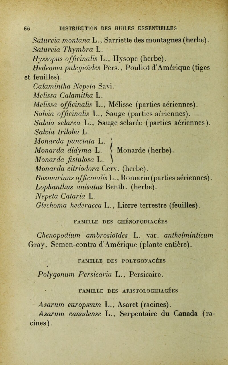 Satureia montana L., Sarriette des montagnes (herbe). Salureia Thymbra L. Hyssopus officinalis L., Hysope (herbe). Hedeoma pulegioïdes Per s., Pouliot d’Amérique (tiges et feuilles). Calamintha Nepeta Savi. Me lissa Calamitha L. Melissa officinalis L., Mélisse (parties aériennes). Salvia officinalis L., Sauge (parties aériennes). Salvia sclarea L., Sauge sclarée (parties aériennes). Salvia triloba L. Monarda punctata L. ) Monarda didyma L. > Monarde (herbe). Monarda fisiulosa L. ' Monarda citriodora Cerv. (herbe). Rosmarinus officinalis L., Romarin (parties aériennes). Lophanthus anisatus Benth. (herbe). Nepeta Cataria L. Glechoma hederacea L., Lierre terrestre (feuilles). FAMILLE DES CHÉNOPODIACÉES Chenopodium ambrosioïdes L. var. anthelminticum Gray, Semen-contra d’Amérique (plante entière). FAMILLE DES POLTGONACÉES Polygonum Persicaria L., Persicaire. FAMILLE DES ARISTOLOCHIACÉES Asarum europæum L., Asaret (racines). Asarum canadense L., Serpentaire du Canada (ra- cines).