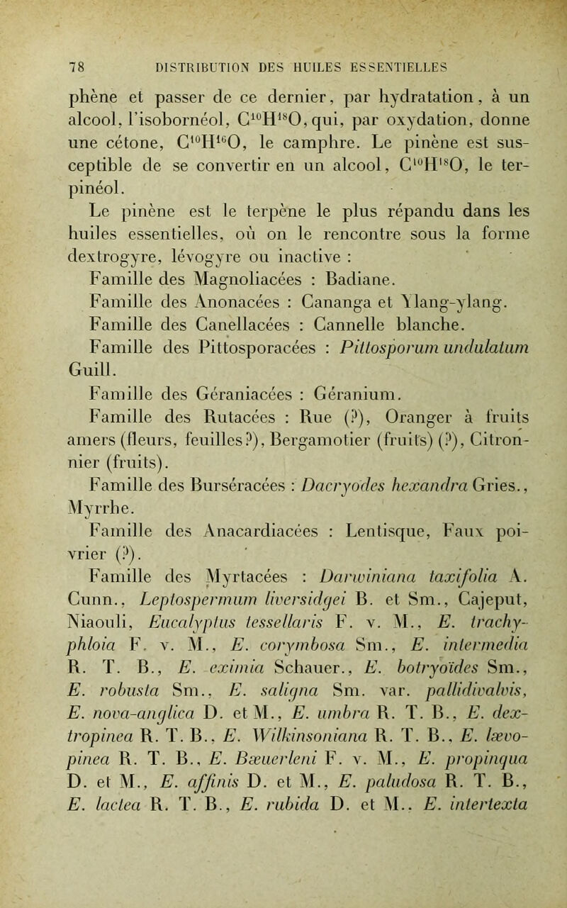 phène et passer de ce dernier, par hydratation, à un alcool, l’isobornéol, C10H18O,qui, par oxydation, donne une cétone, C,0HluO, le camphre. Le pinène est sus- ceptible de se convertir en un alcool, Cl0HlsO, le ter- pinéol. Le pinène est le terpène le plus répandu dans les huiles essentielles, où on le rencontre sous la forme dextrogyre, lévogyre ou inactive : Famille des Magnoliacées : Badiane. Famille des Anonacées : Cananga et Alang-ylang. Famille des Canellacées : Cannelle blanche. Famille des Pittosporacées : Pittosporum undulatum Guill. Famille des Géraniacées : Géranium. Famille des Rutacées : Rue (?), Oranger à fruits amers (fleurs, feuilles?), Bergamotier (fruits) (P), Citron- nier (fruits). Famille des Burséracées : Dacryodes hexandra Gries., Myrrhe. Famille des Anacardiacées : Lentisque, Faux poi- vrier (P). Famille des Myrtacées : Darwiniana taxifolia A. Cunn., Leptospennnm liversidgei B. et Sm., Cajeput, Niaouli, Eucalyptus tessellaris F. v. M., E. trachy- phloia F. v. AL, E. corymbosa Sm., E. inlermedia R. T. B., E. eximia Schauer., E. botryoïdes Sm., E. robuslci Sm., E. saligna Sm. var. pallidivalvis, E. nova-anglica D. et AL, E. umbra R. T. B., E. dex- tropinca R. T. B., E. Wilkinsoniana R. T. B., E. lævo- pinea R. T. B., FJ. Bæuerleni F. v. AL, E. propinqua D. et AL, E. affinis D. et AL, E. paludosa R. T. B., E. lactea R. T. B., E. mbida D. et M.. E. intertexla