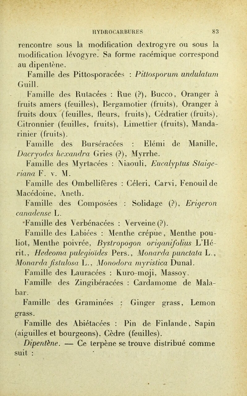 rencontre sous la modification dextrogyre ou sous la modification lévogyre. Sa forme racémique correspond au dipentène. Famille des Pittosporacées : Pittosporum undulalum Guill. Famille des Rulacées : Rue (?), Rucco, Oranger à fruits amers (feuilles), Rergamotier (fruits), Oranger à fruits doux (feuilles, fleurs, fruits), Cédratier (fruits), Citronnier (feuilles, fruits), Limettier (fruits), Manda- rinier (fruits). Famille des Burséracées : Elémi de Manille, Dacryodes hexatulra Cries (?), Myrrhe. Famille des Myrtaçées : Niaouli, Eucalyptus Sfaige- riana F. v. M. Famille des Ombellifères : Céleri, Carvi. Fenouil de Macédoine, Aneth. Famille des Composées : Solidage (?), Erigeron canaden.se L. •Famille des Verbénacées : Verveine (?). Famille des Labiées : Menthe crépue, Menthe pou- liot, Menthe poivrée, Bystropogon origanifolius L’Hé- rit., Hedeoma pulegioides Pers., Monarda punciata L., Monardci fisiulosa L., Monodora rnyristica Dunal. Famille des Lauracées : Kuro-moji, Massoy. Famille des Zingibéracées : Cardamome de Mala- bar. Famille des Graminées : Ginger grass, Lemon grass. Famille des Àbiétacées : Pin de Finlande, Sapin (aiguilles et bourgeons), Cèdre (feuilles). Dipentène. — Ce lerpène se trouve distribué comme suit :