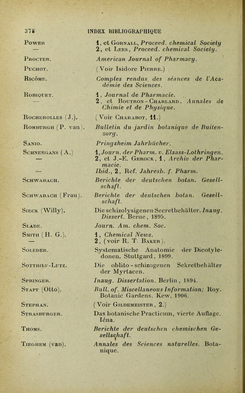 POWER 1, et Gornai.l, Proceed. Chemical Society 2, et Lees, Proceed. Chemical Sociely. Procter. American Journal of Pharmacy. Puchot. (Voir Isidore Pierre.) Ricôme. Comptes rendus des séances de l’Aca- démie des Sciences. Robiquet. 1, Journal de Pharmacie. 2, et Boutron- Charlard, Annales de Chimie et de Physique. Rochisrolles (J.). Romburgh (P. van). (Voir Charabot, 11.) Bulletin du jardin botanique de Buiten- zorq. Sanio. Schneegans (A.) Pringsheim Jahrbiicher. 1, Journ. der Pharm. v. Elsass-Lothringen. 2, et J.-F. Gerock, 1, Archiv der Phar- macie. Ibid., 2, Ref. Jahresh. f. Pharm. SCHWABACH. Bericlite der deutsclien botan. Gesell- schaft. Schwabach (Frau). Berichte der deutschen botan. Gesell- schaft. Sieck (Willy). Die schizolysigenen Secretbehâlter. lnauy. Dissert. Berne, 1895. Slade. Smith (H. G.). Journ. Am. chem. Soc. 1, Chemical News. 2, (voir R. T. Baker). Soi.eder. Systematische Anatomie der Dicotyle- donen. Stuttgard, 1899. Sottiiilf-Lutz. Die oblito - schizogenen Sekretbeb aller der Myrtacen. Springer. Stapf (Otto). lnauy. Dissertation. Berlin, 1894. Bull.of. Miscellaneous Information: Roy. Botanic Gardens. Kew, 1906. Stephan. Strasburger. ( Voir Gildemeister , 2.) Das botanische Praclicum, vierte Auflage. Iéna. Thoms. Berichte der deutschen cliemischen Ge- sellschaft. Tieghem (van). Annales des Sciences naturelles. Bota-