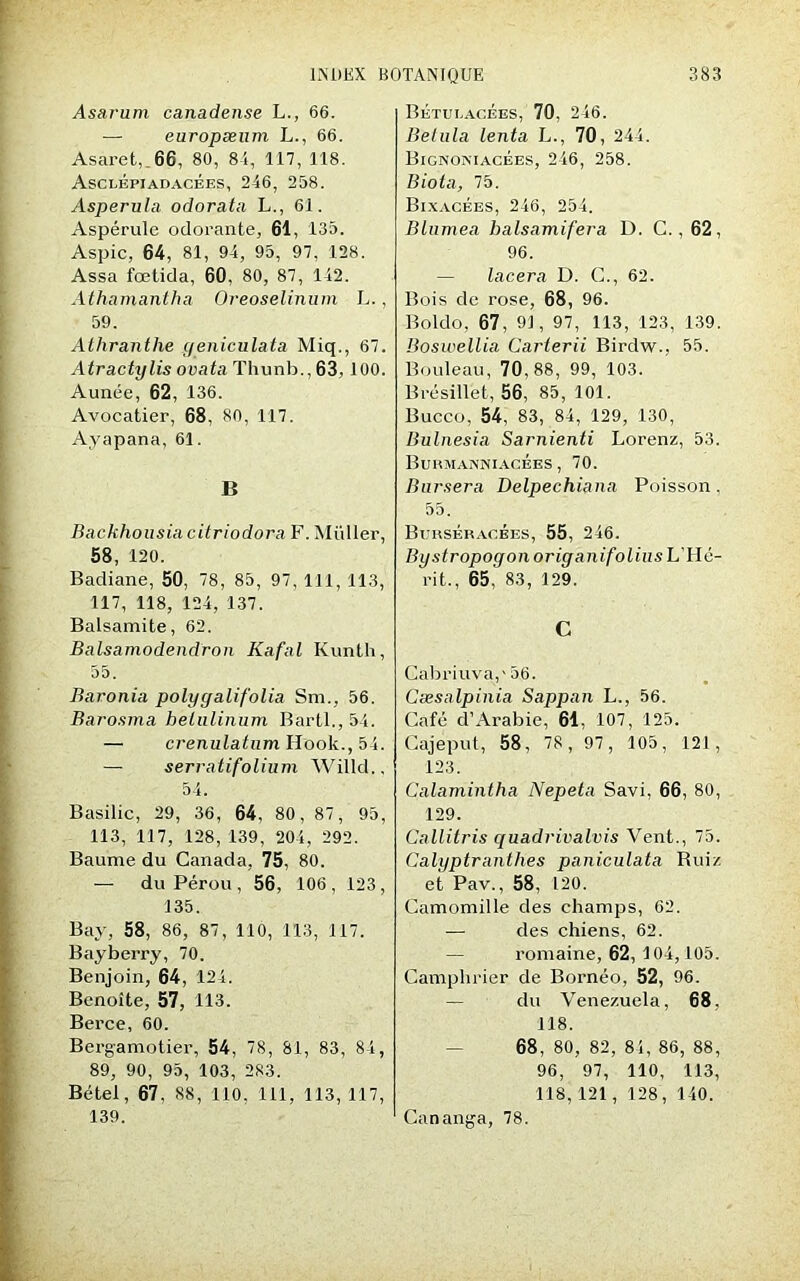 Asarum canadense L., 66. — europæuni L., 66. Asaret,. 66, 80, 8i, 117, 118. AsclÉpiadacÉes, 246, 258. Asperula odorata L., 61. Aspérule odorante, 61, 135. Aspic, 64, 81, 94, 95, 97, 128. Assa fœtida, 60, 80, 87, 142. Athamantha Oreoselinum L., 59. Athranthe geniculata Miq., 67. Atractylis ovata Thunb., 63,100. Aunée, 62, 136. Avocatier, 68, 80, 117. Ayapana, 61. B Backhousia citriodora F. Millier, 58, 120. Badiane, 50, 78, 85, 97, 111, 113, 117, 118, 124, 137. Balsamite, 62. Balsamodendron Kafal Kunth, 55. Baronia polygalifolia Sm., 56. Barosma belulinum Bartl.,54. — crenulatnm Hook., 54. — serratifolium Willd,. 54. Basilic, 29, 36, 64, 80, 87, 95, 113, 117, 128, 139, 204, 292. Baume du Canada, 75, 80. — du Pérou , 56, 106, 123, 135. Bay, 58, 86, 87, 110, 113, 117. Bayberry, 70. Benjoin, 64, 124. Benoîte, 57, 113. Berce, 60. Bergamotier, 54, 78, 81, 83, 84, 89, 90, 95, 103, 283. Bétel, 67, 88, 110, 111, 113, 117, 139. Bétui.acées, 70, 246. Belula tenta L., 70, 244. Bignoniacées, 246, 258. B iota, 75. Bixacées, 246, 254. Blumea balsamifera D. C., 62 , 96. — lacera D. C., 62. Bois de rose, 68, 96. Boldo, 67, 91, 97, 113, 123, 139. Boswellia Carterii Birdw., 55. Bouleau, 70,88, 99, 103. Brésillet, 56, 85, 101. Bucco, 54, 83, 84, 129, 130, Bulnesia Sarnienti Lorenz, 53. Burmanniacées , 70. Bnrsera Delpechiana Poisson. 55. Burséracées, 55, 246. BiistronogonoriganifoliiisL'Hé- rit-, 65, 83, 129. C Cabriuva,' 56. Cæsalpinia Sappan L., 56. Café d’Arabie, 61, 107, 125. Cajeput, 58, 78, 97, 105, 121, 123. Calamintha Nepeta Savi, 66, 80, 129. Callitris quadrivalvis Vent., 75. Calyptranthes paniculata Ruiz et Pav., 58, 120. Camomille des champs, 62. ■— des chiens, 62. romaine, 62, 104,105. Camphrier de Bornéo, 52, 96. du Venezuela, 68, 118. 68, 80, 82, 84, 86, 88, 96, 97, 110, 113, 118,121, 128, 140. Cananga, 78.