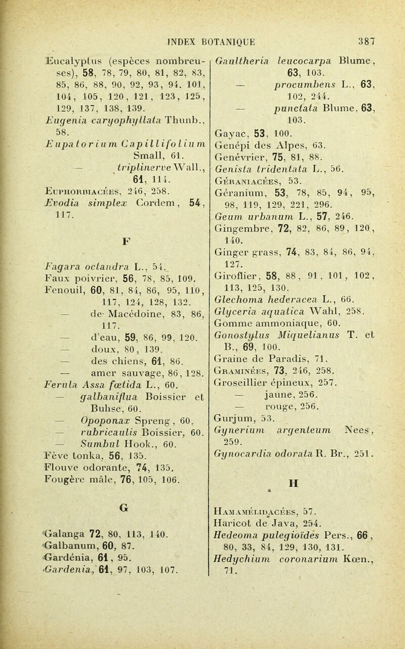 Eucalyptus (espèces nombreu- ses), 58, 78, 79, 80, 81, 82, 83, 85, 86, 88, 90, 92, 93, 94. 101, 104, 105, 120, 121, 123, 125, 129, 137, 138, 139. Eugenia caryophyllata Thunb., 58. E upalorinm C a p il li fo l i u m Small, 61. triplinerve Wall., 61, 114. Euphorbiaciïes, 246, 258. Fvodia simplex Cordem, 54, 117. F Eagara oclandra L., 54, Faux poivrier, 56, 78, 85, 109. Fenouil, 60, 81, 84, 86, 95, 110, 117, 124, 128, 132. de- Macédoine, 83, 86, 117. d’eau, 59, 86, 99, 120. doux, 80, 139. des chiens, 61, 86. — amer sauvage, 86, 128. Ferula Assa fœtida L., 60. galbaniflua Boissier et Buhse, 60. — Opoponax Spreng, 60. rubricaulis Boissier, 60. — Sumbul Ilook., 60. Fève tonka, 56, 135. Flouve odorante, 74, 135. Fougère mâle, 76, 105, 106. G 'Galanga 72, 80, 113, 140. Galbanum, 60, 87. Gardénia, 61, 95. >Gardénia„ 61, 97, 103, 107. Gaultheria leucocarpa Blume, 63, 103. — procnmbens L., 63, 102, 244. punctata Blume. 63, 103. Gayac, 53, 100. Génépi des Alpes, 63. Genévrier, 75, 81, 88. Genista tridentata L., 56. Géraniacées, 53. Géranium, 53, 78, 85, 94, 95, 98, 119, 129, 221, 296. Geum urbanum L., 57, 246. Gingembre, 72, 82, 86, 89, 120, 140. Ginger grass, 74, 83, 84, 86, 94, 127. Giroflier, 58, 88, 91, 101, 102, 113, 125, 130. Glechoma hederacea L., 66. Glyceria aquatica Wahl, 258. Gomme ammoniaque, 60. Gonostglus Miquelianus T. et B., 69, 100. Graine de Paradis, 71. Graminées, 73, 246, 258. Groseillier épineux, 257. — jaune, 256. — rouge, 256. Gurjum, 53. Gynérium argenleum Nees, 259. Gynocardia odorata R. Br., 251. H Hamamélidacées, 57. Haricot de Java, 254. Hedeoma pulegioïdes Pers., 66. 80, 33, 84, 129, 130, 131. Hedychium coronarium Kœn., 71.