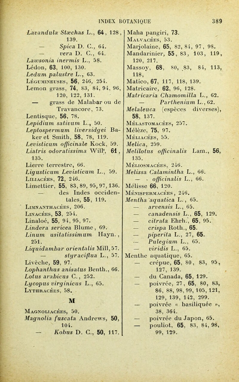 Lavandula Stæchas L., 64, 128, 139. — Spica D. C., 64. — vera D. C., 64. Lawsonia inermis L., 58. Lédon, 63, 100, 130. Ledum. palustre L., 63. Légumineuses, 56, 246, 254. Lemon g-rass, 74, 83, 84, 94, 96, 120, 122, 131. — grass de Malabar ou de Travancore, 73. Lentisque, 56, 78. Lepidium sativum L., 50. Leptospermum liversidgei Ba- ker et Smith, 58, 78, 119. Levisticum officinale Kock, 59. Liatris odoratissima Will', 61, 135. Lierre terrestre, 66. Ligusticum Levisticum L., 59, Liliacées, 72, 246. Limettier, 55, 83,89,95,97,136. des Indes occiden- tales, 55, 119. Limnanthacées, 206. Linacêes, 53, 254. Linaloé, 55, 94, 95, 97. Lindera sericea Blume , 69. Linum usitatissimum Hayn. , 251. Liquidambar orientalis Mill,57. — styraciflua L., 57. Livèche, 59, 97. Lophanthus anisatus Benth., 66. Lotus arabicus C., 252. Lycopus virginicus L., 65. Lythracées, 58. M Magnoliacées, 50. Magnolia fuscata Andrews, 50, 104. — Kohus D. C., 50, 117. Maha pangiri, 73. Malvacêes, 53. Marjolaine, 65, 82, 84, 97, 98. Mandarinier, 55, 83, 103, 119, 120, 217. Massoy, 68, HO, 83, 84, 113, 118, Matico, 67, 117, 118, 139. Matricaire, 62, 96, 128. Matricaria Chamomilla L., 62. — Parthenium L., 62. Melaleuca (espèces diverses), 58, 137. Mélastomacées, 257. Mélèze, 75, 97. MÉLiAcégs, 55. Melica, 259. Melilotus officinalis Lam., 56, 135. Mèliosmacées, 246. Melissa Calamintha L., 66. — - officinalis L., 66. Mélisse 66, 120. Ménispermacées, 246. Mentha 'aquatica L., 65. — arvensis L., 65. — canadensis L., 65, 129. — citrata Ehrh., 65, 95. — crispa Roth., 65. — piperita L., 27, 65. Pulegium L., 65. — viridis L., 65. Menthe aquatique, 65. — crépue, 65, 80 , 83, 95 , 127, 139. — du Canada, 65, 129. — poivrée, 27, 65, 80, 83, 86, 88, 98, 99, 105, 121, 129, 139, 142, 299. — poivrée « basiliquée », 38, 364. — poivrée du Japon, 65. — pouliot, 65, 83, 84, 98, 99, 129.