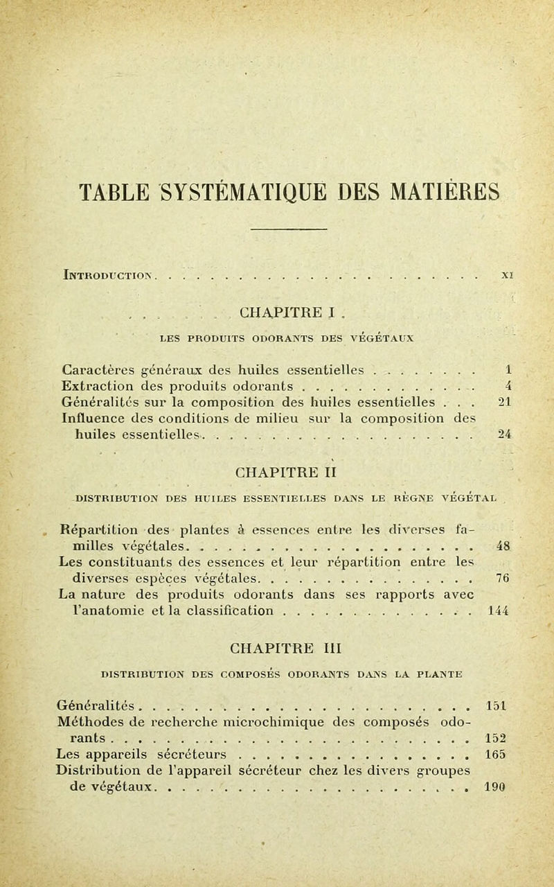 TABLE SYSTÉMATIQUE DES MATIÈRES Introduction xi . . CHAPITRE I . LES PRODUITS ODORANTS DES VEGETAUX Caractères généraux des huiles essentielles 1 Extraction des produits odorants 4 Généralités sur la composition des huiles essentielles ... 21 Influence des conditions de milieu sur la composition des huiles essentielles 24 CHAPITRE II DISTRIBUTION DES HUILES ESSENTIELLES DANS LE REGNE VEGETAL Répartition des plantes à essences entre les diverses fa- milles végétales. 48 Les constituants des essences et leur répartition entre les diverses espèces végétales 76 La nature des produits odorants dans ses rapports avec l’anatomie et la classification 144 CHAPITRE III DISTRIBUTION DES COMPOSES ODORANTS DANS LA PLANTE Généralités 151 Méthodes de recherche microchimique des composés odo- rants 152 Les appareils sécréteurs 165 Distribution de l’appareil sécréteur chez les divers groupes de végétaux 190
