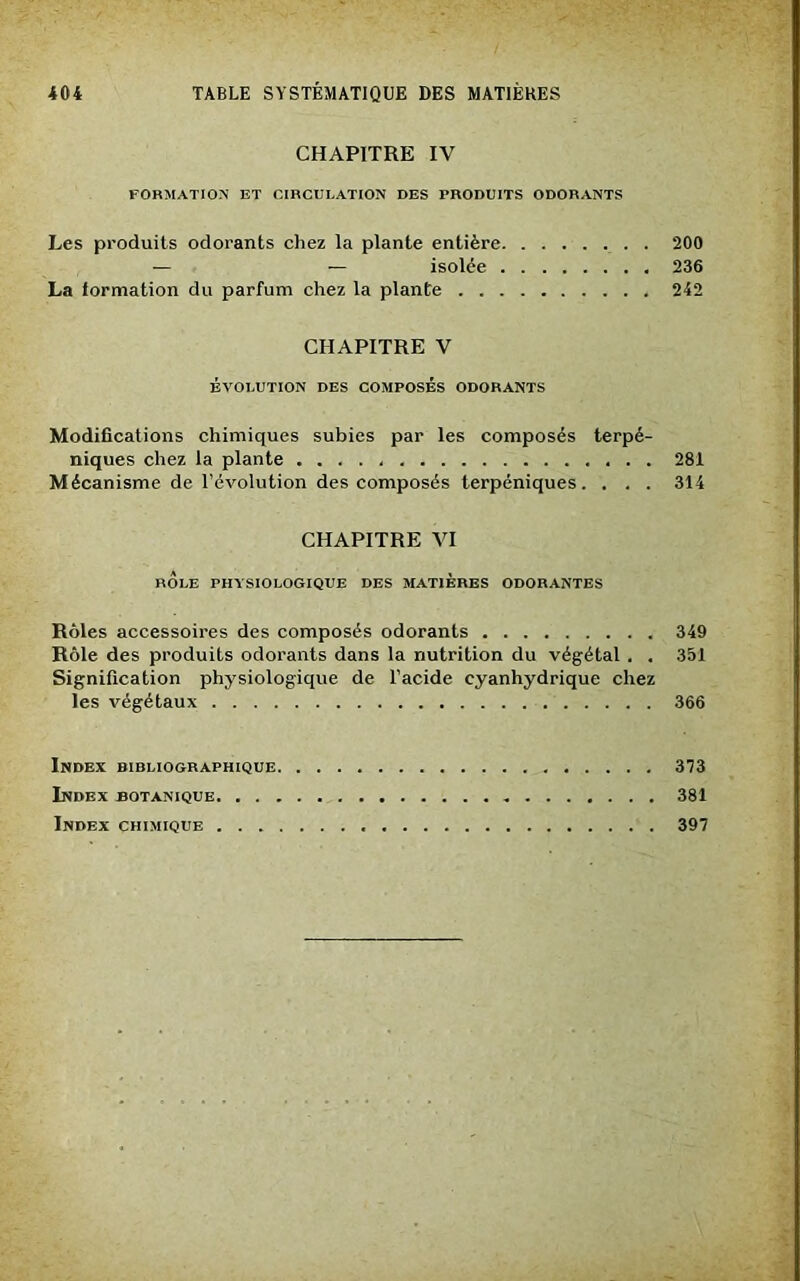 CHAPITRE IV FORMATION ET CIRCULATION DES PRODUITS ODORANTS Les produits odorants chez la plante entière 200 — — isolée 236 La formation du parfum chez la plante 242 CHAPITRE V ÉVOLUTION DES COMPOSÉS ODORANTS Modifications chimiques subies par les composés terpé- niques chez la plante . ... 281 Mécanisme de l’évolution des composés terpéniques. . . . 314 CHAPITRE VI ROLE PHYSIOLOGIQUE DES MATIERES ODORANTES Rôles accessoires des composés odorants 349 Rôle des produits odorants dans la nutrition du végétal . . 351 Signification physiologique de l’acide cyanhydrique chez les végétaux 366 Index bibliographique 373 Index botanique 381 Index chimique 397