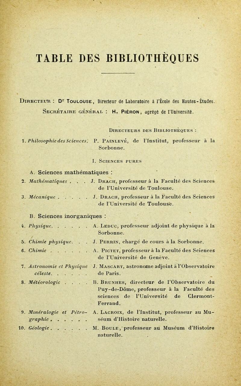 TABLE DES BIBLIOTHÈQUES Directeur : Dr Toulouse, Directeur de Laboratoire â l’École des Hautes-Études. Secrétaire général : H. Piéron, agrégé de l'Université. 1. Philosophie des Sciences. Directeurs des Bibliothèques : P. PainlevÉ, de l’Institut, professeur à la Sorbonne. I. Sciences pures A. Sciences mathématiques : 2. Mathématiques ... J. Drach, professeur à la Faculté des Sciences 3. Mécanique de l’Université de Toulouse. J. Dracii, professeur à la Faculté des Sciences de l’Université de Toulouse. B. Sciences inorganiques : 4. Physique A. Leduc, professeur adjoint de physique à la 5. Chimie physique. 6. Chimie Sorbonne. J. Perrin, chargé de cours à la Sorbonne. A. Pictet, professeur à la Faculté des Sciences de l’Université de Genève. 7. Astronomie et Physique J. Mascart, astronome adjoint à l’Observatoire céleste de Paris. 8. Météorologie .... B. Brunhes, directeur de l’Observatoire du Puy-de-Dôme, professeur à la Faculté des sciences de l’Université de Clermont- Ferrand. 9. Minéralogie et Pétro- graphie 10. Géologie A. Lacroix, de l’Institut, professeur au Mu- séum d’Histoire naturelle. M. Boule, professeur au Muséum d’Histoire naturelle.