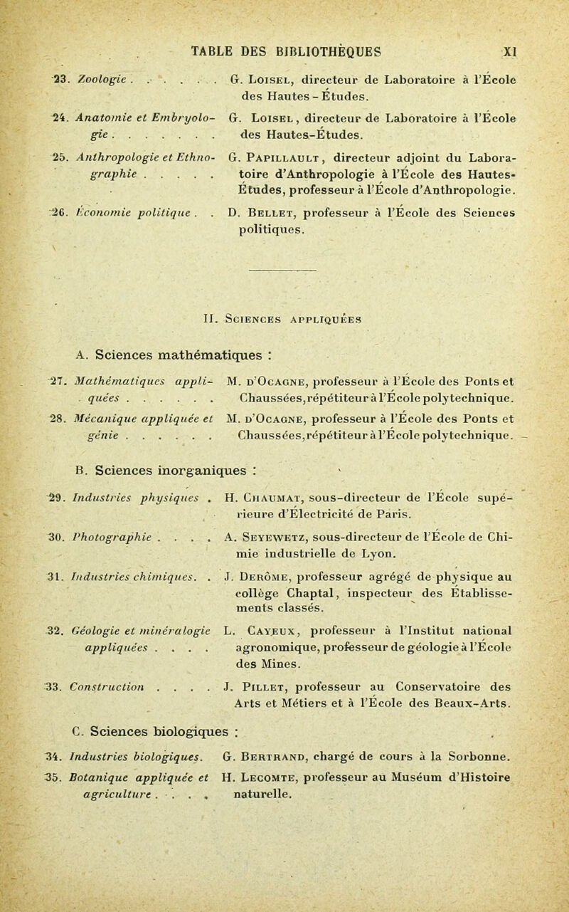 23. Zoologie G. Loisel, directeur de Laboratoire à l’École des Hautes - Études. 24. Anatomie et Embryolo- gie G. Loisel, directeur de Laboratoire à l’École des Hautes-Études. 25. Anthropologie et Ethno- graphie '26. Economie politique . G. Papillault, directeur adjoint du Labora- toire d’Anthropologie à l’École des Hautes- Études, professeur à l’École d’Anthropologie. D. Bellet, professeur à l’École des Sciences politiques. II. Sciences appliquées A. Sciences mathématiques : 27. Mathématiques appli- . quées 28. Mécanique appliquée et génie M. d'Ocagne, professeur à l’École des Ponts et Chaussées, répétiteur à l’École polytechnique. M. d’Ocagne, professeur à l’École des Ponts et Chaussées,répétiteur à l’École polytechnique. B. Sciences inorganiques : 29. Industries physiques . H. Chaumat, sous-directeur de l’École supé- rieure d’Électricité de Paris. 30. Photographie. . . . A. Seyevvetz, sous-directeur de l’École de Chi- mie industrielle de Lyon. 31. Industries chimiques. . J. Derôme, professeur agrégé de physique au collège Chaptal, inspecteur des Établisse- ments classés. 32. Géologie et minéralogie appliquées .... L. Cayeux, professeur à l’Institut national agronomique, professeur de géologie à l’École des Mines. 33. Construction .... J. Pillet, professeur au Conservatoire des Arts et Métiers et à l’École des Beaux-Arts. C. Sciences biologiques : 34. Industries biologiques. G. Bertrand, chargé de cours à la Sorbonne. 35. Botanique appliquée et H. Lecomte, professeur au Muséum d’Histoire agriculture. . . naturelle.
