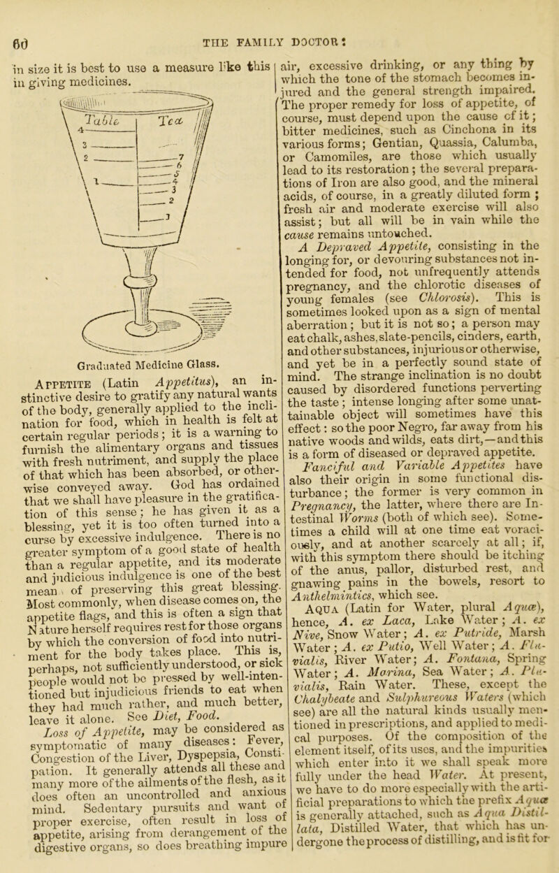 in size it is best to use a measure I’ke this in giving medicines. Appetite (Latin Ap'petitus), an in- stinctive desire to gratify any natural wants of the body, generally applied to the incli- nation for food, which in health is felt at certain regular periods 5 it is a warning to furnish the alimentary organs and tissues with fresh nutriment, and supply the place of that which has been absorbed, or otner- wise conveyed away. God has ordained that we shall have pleasure in the gratifica- tion of this sense; he has given it as a blessing, yet it is too often turned iiito a curse by excessive indulgence. There is no greater symptom of a good state of health than a regular appetite, and its moderate and indicious indulgence is one of the best mean of preserving this great blessi^. Most commonly, when disease comes on, the appetite flags,and this is often a sign that N ature herself requires rest for those organs by which the conversion of focd into nutri- ment for the body takes place. This is, perhaps, not sufficiently understood, or sick people would not be pres.sed by well-inten- tioned but injudicious friends to eat when they had much rather, and much better, leave it alone. See Diet, Food. ^ Loss of Appetite, may be considered as symptomatic of many diseases: t ever. Congestion of the Liver, Dyspepsia, Consti- pation. It generally attends all these and many more of the ailments of the flesh, as it does often an uncontrolled and anxious mind. Sedentary pursuits and want of proper exercise, often result in loss of appetite, arising from derangement of the digestive organs, so does breathing impure air, excessive drinking, or any thing by which the tone of the stomach becomes in- jured and the general strength impaired. The proper remedy for loss of appetite, ^ of course, must depend upon the cause of it; bitter medicines, such as Cinchona in its various forms; Gentian, Quassia, Caluniba, or Camomiles, are those which usually lead to its restoration; the several prepara- tions of Iron are also good, and the mineral acids, of course, in a greatly diluted form ; fresh air and moderate exercise will also assist; but all will be in vain while the cause remains untouched. A Depraved Appetite, consisting in the longing for, or devouring substances not in- tended for food, not unfrequently attends pregnancy, and the chlorotic diseases of young females (see Chlovosis). This is sometimes looked upon as a sign of mental aberration ; but it is not so; a person may eat chalk, ashes, slate-pencils, cinders, earth, and other substances, injurious or otherwise, and yet be in a perfectly sound state of mind. The strange inclination is no doubt caused by disordered functions perverting the taste ; intense longing after some unat- tainable object will sometimes have this effect; so the poor Negro, far away from his native woods and wilds, eats dirt,—and this is a form of diseased or depraved appetite, Fancifid and Varialle Aj^petites have also their origin in some functional dis- turbance; the former is very common in Pregnancy, the latter, where there are In- testinal Worms (both of which see). Some- times a child will at one time eat voraci- ously, and at another scarcely at all; if, with this symptom there should be itching of the anus, pallor, disturbed rest, and gnawing pains in the bowels, resort to Anthelmintics, which see. Aqua (Latin for Water, plural Aqua:), hence, A. ex Laca, Lake Water \ A. ex Nive, Snow Water; A. ex Putride, Marsh Water \ A. ex Putio, Well Water; A. Fla- viahs, Kiver Water; A. Fontana, Spring Water; A. MoHna, Sea Water; A. Pin- vialis, Rain Water. These, except the Chalybeate and Sulphureous Waters (which see) are all the natural kinds usually men- tioned in prescriptions, and applied to medi- cal purposes. Of the composition of the element itself, of its uses, and the impurities which enter into it we shall speak more fully under the head Water. At present, we have to do more especially with the arti- ficial preparations to which the prefix A q ua is generally attached, such as Aqua Distil- lata, Distilled Water, that which has un- dergone the process of distilling, and is fit for