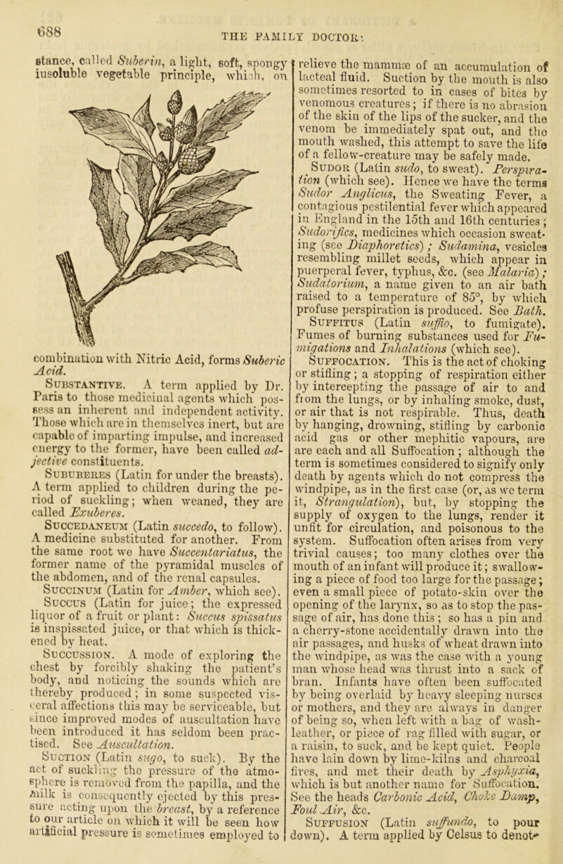 THE EAMILY DOCTOR stance, called Suberin^ a light, soft, spongy insoluble vegetable principle, wlii^h, on combination with Nitric Acid, forms Suberic Acid. SuBSTANxrv'E. A term applied by Dr. Paris to_ those medicinal agents which pos- sess an inherent and independent activity. Those whicliarein themselves inert, but are capable of imparting impulse, and increased energy to tlie former, have been called ad- jective constituents. SuBUBEUEs (Latin for under the breasts). A term applied to children during the pe- riod of suckling; when weaned, they are called Exuberes. SuccEDANEUM (Ldiiin succedo, to follow). A medicine substituted for another. From the same root we have Succentariatus., the former name of the pyramidal muscles of the abdomen, and of the renal capsules. SucciNUM (Latin for Amber., which see). Succus (Latin for juice; the expressed liquor of a fruit or plant: Succus spissatus is inspissated juice, or that which is thick- ened by heat. Seccussion'. a. mode of exploring the chest by forcibly shaking the patient’s body, and noticing the sounds which are thereby produced ; in some suspected vis- ceral affections this may be serviceable, but fcince improved modes of auscultation have been introduced it has seldom been prac- tised. See Auscultation. Suction (Latin sugo., to suck). By the act of suckling the pressure of the atmo- sphere is T*emovcd from the papilla, and the Aiilk is consequently ejected by this pres- sure acting upon the breast., by a reference to our article on which it will be seen how artificial pressure is sometimes employed to relieve the mammm of an accumulation of lacteal fluid. Suction by the mouth is also sometimes resorted to in cases of bites by venomous creatures; if there is no abrasion of the skin of the lips of the sucker, and the venom be immediately spat out, and the mouth washed, this attempt to save the life of a fellow-creature may be safely made. _ Sudor (Latin sudo., to sweat). Ferspira~ tion (which sp). Hence we have the terms Sudor AnglicuSy the Sweating Fever, a contagious pestilential fever which appeared in England in the 15th and 16th centuries ; SudoriJicSy medicines which occasion sweat- ing (see Eiaphoretics) ; SudaminUy vesicles resembling millet seeds, which appear in puerperal fever, typhus, &c. (see Malaria}); Sudatorium, a name given to an air bath raised to a temperature of 85°, by which profuse perspiration is produced. See Bath. SuFFiTus (Latin suffio, to fumigate). Fumes of burning substances used for Fu- migations and Inhalations (which see). Suffocation. This is the act of choking or stifling ; a stopping of respiration either by intercepting the passage of air to and fiom the lungs, or by inhaling smoke, dust, or air that is not respirable. Thus, death by hanging, drowning, stifling by carbonic acid gas or other mephitic vapours, are are each and all Suffocation ; although the term is sometimes considered to signify only death by agents which do not compress the windpipe, as in the first case (or, as we term it, Strangulation), but, by stopping the supply of oxygen to the lungs, render it unfit for circulation, and poisonous to the system. Suffocation often arises from very trivial causes; too many clothes over the mouth of an infant will produce it; swallo w- ing a piece of food too large for the passage; even a small piece of potato-skin over the opening of the laiynx, so as to stop the pas- sage of air, has done this ; so has a pin and a cherry-stone accidentally drawn into the air passages, and husks of wheat drawn into the windpipe, as was the case with a young man whose head was thrust into a sack of bran. Infants have often been suffocated by being overlaid by heavy sleeping nurses or mothers, and they are always in danger of being so, when left wdth a bag of wash- leatlier, or piece of rag filled with sugar, or a raisin, to suck, and be kept quiet. People have lain down by lime-kilns and chai'coal fires, and met their death by Asphyxia, which is but another name for Suffocation. See the heads Carbonic Acid, Chohe Ea^np, Foul Air, &c. Suffusion (Latin suffundo, to pour down). A term applied by Celsus to denot‘d