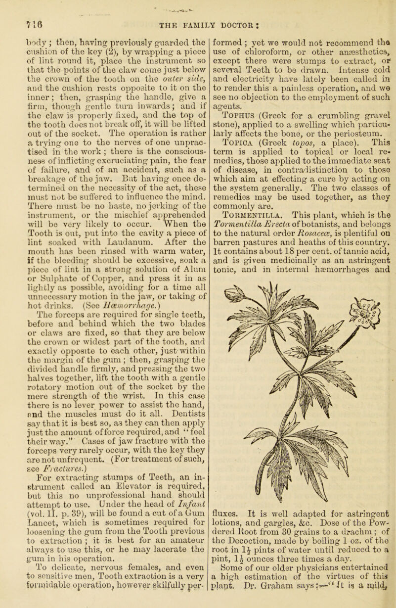 body ; then, having previously guarded the cushion of the key (2), by wrapping a piece of lint round it, place the instrument so that the points of the claw come just below the crown of the tooth on the outer side, and the cushion rests opposite to it on the inner; then, grasping the handle, give a firm, though gentle turn inwards; and if the claw is properly fixed, and the top of the tooth dues not break off, it will be lifted out of the socket. The operation is rather a trying one to the nerves of one unprac- tised in the work ; there is the conscious- ness of inflicting excruciating pain, the fear of failure, and of an accident, such as a breakage of the jaw. But having once de- termined on the necessity of the act, these must nut be suflered to influence the mind. There must be no haste, no jerking of the instrument, or the mischief apprehended will be very likely to occur. When the Tooth is out, put into the cavity a piece of lint soaked with Laudanum. After the mouth has been rinsed with warm water, if the bleeding should be excessive, soak a I)ieco of lint in a strong solution of Alum or Sulphate of Copper, and press it in as lightly as possible, avoiding for a time all unnecessary motion in the jaw, or taking of hot drinks. (See llcemorrluuje.) The forceps are recpiired for single teeth, before and behind which the two blades or claws are fixed, so that they are below the crown or wudest part of the tooth, and exactly opposite to each other, just within the margin of the gum ; then, grasping the divided handle firmly, and pressing the two halves together, lift the tooth with a gentle rotatory motion out of the socket by the mere strength of the wrist. In this case there is no lever power to assist the hand, and the muscles must do it all. Dentists say that it is best so, as they can then apply just the amount offorce required, and “ feel their way.” Cases of jaw fracture with the forceps very rarely occur, with the key they are not unfrequent. (For treatment of such, see Fractures.) For extracting stumps of Teeth, an in- strument called an Elevator is required, but this no unprofessional hand should attempt to use. Under the head of Infant (vol. II. p. 39), will bo found a cut of a Gum Lancet, which is sometimes required for loosening the gum from the Tooth previous to extraction ; it is best for an amateur always to use this, or he may lacerate the gum in his operation. To delicate, nervous females, and even to sensitive men. Tooth extraction is a veiy fin midable operation, however skilfully per- formed ; yet we would not recommend tha use of chloroform, or other ansesthetics, except there were stumps to extract, or several Teeth to be drawn. Intense cold and electricity have lately been called in to render this a painless operation, and we see no objection to the employment of such agents. Tophus (Greek for a crumbling gravel stone), applied to a swelling which particu- larly affects the bone, or the periosteum. Topica (Greek topos, a place). This term is applied to topical or local re- medies, those applied to the immediate seat of disease, in contradistinction to those which aim at effecting a cure by acting on the system generally. The two classes of remedies may be used together, as they commonly are. Tormentilla. This plant, which is the Tormentilla Erecta ofhotanisis, and belongs to the natural order Rosacece, is plentiful on barren pastures and heaths of this country. It contains about 18 per cent, of tannic acid, and is given medicinally as an astringent tonic, and in internal haemorrhages and fluxes. It is well adapted for astringent lotions, and gargles, &c. Dose of the Pow- dered Boot from 30 grains to a drachm ; of the Decoction, made by boiling 1 oz. of the root in 1 ^ pints of water until reduced to a pint, 1.^ ounces three times a da3^ Some of our older physicians entertained a high estimation of the virtues of this plaiit. Dp. Graham says;-r—“ft is a mildj