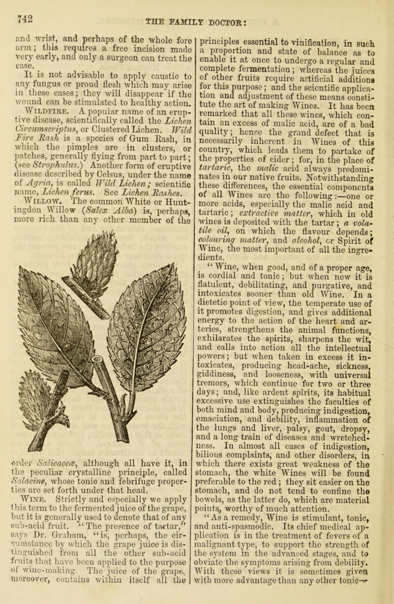 and wrist, and perhaps of the whole fore linn; this requires a free incision made very early, and only a surgeon can treat the case. It is not advisable to apply caustic to any fungus or proud flesh which may arise in these cases; they will disappear if the wound can be stimulated to healthy action. ^yILDFIRE. A popular name of an erup- tive disease, scientifically called the Lichen Circumseriptns, or Clustered Lichen. Wild Fire Rash is a species of Gum Eash, in which the pimples are in clusters, or patches, generally flying from part to part; (see Strophulus.) Another form of eruptive disease described by Celsus, under the name of Affria, is called Wild Lichen; scientific name, Lichen ferus. See Lichen Rashes. WILLOW. The common White or Hunt- ingdon Willow {Salcx Alba) is, perhaps, more rich than any other member of the order Salicacea:, although all have it, in the peculiar crystalline principle, called Salachie, whose tonio and febrifuge proper- ties are set forth under that head. Wine. Strictly and especially we apply Ibis term to the fermented juice of the grape, but it is generally used to denote that of any sub-acid fruit. “The presence of tartar,” says Hr. Graham, “is, perhaps, the cir- cumstance by which the grape juice is dis- tinguished from all the other sub-acid fruits that have been applied to the purpose ol wine-mahing. The juice of the grape^ moreover, contains within itself all the principles essential to vinification, in such a proportion and state of balance as to enable it at once to undergo a regular and complete fermentation; whereas the juices of other fruits require artificial additions for this purpose; and the scientific applica- tion and adjustment of these means consti- tute the art of making Wines. It has been remarked that all these wines, which con- tain an excess of malic acid, are of a bad quality; hence the grand defect that is necessarily inherent in Wines of this country, which leads them to partake of the properties of cider; for, in the place of tartaric., the malic acid always predomi- nates in our native fruits. Notwithstanding these differences, the essential components of all Wines are the following :—one or more acids, especially the malic acid and tartaric; extractive matter., whicdi in old wines is deposited with the tartar; a vola- tile oil, on which the flavour depends; colouring matter, and alcohol, or Spirit of Wine, tne most important of all the ingre- dients. ‘ ‘ Wine, when good, and of a proper age, is cordial and tonic; but when new it is flatulent, debilitating, and purgative, and intoxicates sooner than old AVine. In a dietetic point of view, the temperate use of it promotes digestion, and gives additional energy to the action of the heart and ar- teries, strengthens the animal functions, exhilarates the spirits, sharpens the wit, and calls into action all the intellectual po^vers; but when taken in excess it in- toxicates, producing head-ache, sickness, giddiness, and looseness, with universal tremors, which continue for two or three days; and, like ardent spirits, its habitual excessive use extinguishes the faculties of both niind and body, producing indigestion, emaciation, and debility, inflammation of the lungs and liver, palsy, gout, dropsy, and a long train of diseases and w'retched- ness. In almost all cases of indigestion, bilious complaints, and other disorders, in which there exists great weakness of the stomach, the white Wines will be found preferable to the red; they sit easier on the stomach, and do not tend to confine the bowels, as the latter do, which are material points^ worthy of much attention. “As a remedy. Wine is stimulant, tonic, and anti-spasmodic. Its chief medical ap- plication is in the treatment of fevers of a malignant type, to support the strength of the S3'steni in the advanced stages, and to obviate the symptoms arising from debility. With these views it is sometimes given with more advantage than any other toni?^