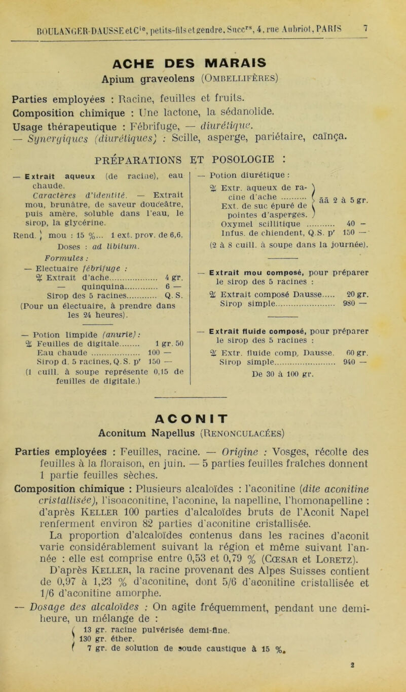 BOULAXr.l'R DAUSSKetC'o, petits-filselsîendre.Succ”,4.riie Aiiliriot, PARIS ACHE DES MARAIS Apium graveolens (Ombeli.ifêres) Parties employées ; Racine, feuilles et fruits. Composition chimique ; Une lactone, la sédanolide. Usage thérapeutique : Fébrifuge, — diuréiiqnc. — Sijncrijiqucs (diurétiques) : Scille, asperge, pariétaiie, caïnça. PRÉPARATIONS — Extrait aqueux (de raciae), eau chaude. Caractères d’identité. — Extrait mou, brunâtre, de saveur douceâtre, puis amère, soluble dans l’eau, le sirop, la glycérine. Rend. î mou : 15 %... 1 ext. prov. de 6,6. Doses : ad llbituin. Formules : — Electuaire fébrifuge : % Extrait d’ache 4 gr. — quinquina 6 — Sirop des 5 racines Q. S. (Pour un électuaire, à prendre dans les 24 heures). ET POSOLOGIE : — Potion diurétique : % Extr. aqueux de ra- cine d’ache Ext. de suc épuré de pointes d’asperges. Oxj'mel scillitique 40 - Infus. de chiendent, Q.S. p' 150 — (2 à 8 cuill. à soupe dans la journée). ââ 2 à 5 gr. — Extrait mou composé, pour préparer le sirop des 5 racines : % Extrait composé Dausse 20 gr. Sirop simple 980 — — Potion limpide (anurie}; % Feuilles de digitale l gr. 50 Eau chaude 100 — Sirop d. 5 racines, Q. S. P' 150 — (I cuill. à soupe représente 0,15 de feuilles de digitale.) — Extrait fluide composé, pour préparer le sirop des 5 racines : % Extr. fluide comp, Dausse. 60 gr. Sirop simple 940 — De 30 â 1(K) gr. ACONIT Aconitum Napellus (Renonculacées) Parties employées : Feuilles, racine. — Origine : Vosges, récolte des feuilles à la floraison, en juin. — 5 parties feuilles fraîches donnent 1 partie feuilles sèches. Composition chimique : Plusieurs alcaloïdes : l’aconitine {dite aconitine cristallisée), l’isoaconitine, l’aconine, la napelline, l’homonapelline : d’après Keller 100 parties d’alcaloïdes bruts de l’Aconit Napel renferment environ 82 parties d'aconitine cristallisée. La proportion d’alcaloïdes contenus dans les racines d’aconit varie considérablement suivant la région et même suivant l’an- née ; elle est comprise entre 0,53 et 0,79 % (Cœsar et Loretz). D’après Keller, la racine provenant des Alpes Suisses contient de 0,97 à 1,23 % d’aconitine, dont 5/6 d’aconitine cristallisée et 1/6 d’aconitine amorphe. -- Dosage des alcaloïdes : On agite fréquemment, pendant une demi- heure, un mélange de : ^ 13 gr. racine pulvérisée deml-flne. ' 130 gr. éther. f 7 gr. de solution de soude caustique à 15 %,