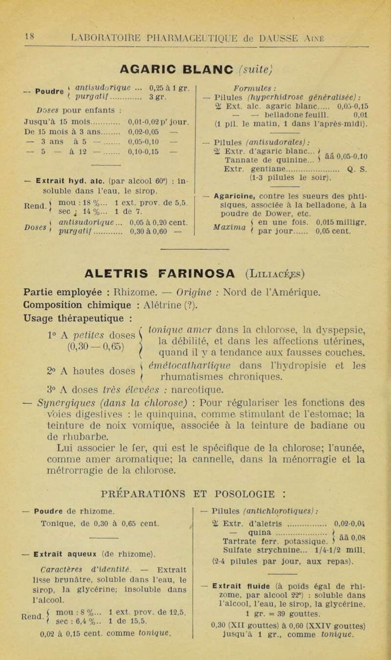 r.ABOnATOinE PlIAnMACEL'^J lQUE de HAUSSE Aîné AGARIC BLANC (suite) — Poudre * antUudurique ... 0,25 à Igr. ( purgatif 3gr. Doses pour enfants : Jusqu’à 15 mois 0,01-0,02 p'jour. De 15 mois à 3 ans 0,02-0,05 — — 3 ans à 5 — 0,05-0,10 — — 5 — à 12 — 0,10-0,15 — — Extrait hyd. aie. (par alcool 60°) : in- soluble dans l’eau, le sirop. Rend ' ^ A sec J 14 %... 1 de 7. 1 antisudorique... 0,05 à 0,20 cent. Doses, purgatif 0,30à0,60 — Formules : — Pilules (hyperhldrose généralisée) ; % Ext. aie. agaric blanc 0,05-0,15 — — belladone feuill. 0,01 (1 pli. le matin, 1 dans l’après-midi). — Pilules (antisudorales) : % Extr. d’agaric blanc... ) - - „ Tannate de quinine... i aa 0,05-0,10 Extr. gentiane Q. S. (1-3 pilules le soir). — Agaricine, contre les sueurs des phti- siques, associée à la belladone, à la poudre de Dower, etc. ( en une fois. 0,015 milllgr. ( par jour 0,05 cent. Maxima ALETRIS FARINOSA (Liliacé;îs) Partie employée : Rhizome. — Origine : Nord de l’Amérique. Composition chimique : Alétrine (?). Usage thérapeutique : 1° A petites doses (0,30 — 0,65) tonique amer dons la chlorose, la dyspepsie, la débilité, et dans les affections utérines, quand il y a tendance aux fausses couches. 2» A hautes doses ) àruHocalharlme dans riiydropisie et tes i rhumatismes chroniques. 3° A doses très élevées : narcotique. Synergiques (dans la chlorose) : Pour régulariser les fonctions des voies digesiives : le quinquina, comme, stimulant de l’estomac; la teinture de noix vomique, associée à la teinture de badiane ou de rhubarbe. Lui associer le fer, qui est le spécifique de la chlorose; l’aunée, comme amer aromatique; la cannelle, dans la ménorragie et la métrorragie de la chlorose. PRÉPARATIONS ET POSOLOGIE : — Poudre de rhizome. Tonique, de 0,30 à 0,65 cent. — Extrait aqueux (de rhizome). Caractères d’identité. — Extrait lls.se brunâtre, soluble dans l’eau, le sirop, la glycérine; insoluble dans l’alcool. „ . ( mou : 8 %... 1 ext. prov. de 12,5. ( sec : 6,4 %.. 1 de 15,5. 0,02 à 0,15 cent, comme tonique. — Pilules (antichlorotiques) ; % Extr. d’aletris 0,02-0,04 — quina \ Tartrate ferr. potassique. ) Sulfate strychnine... 1/4-1/2 mlll. (2-4 pilules par jour, aux repas). — Extrait fluide (à poids égal de rhi- zome, par alcool 22°) : soluble dans l’alcool, l’eau, le sirop, la glycérine. 1 gr. = 39 gouttes. 0,30 (XII gouttes) à 0,60 (XXIV gouttes) jusqu’à 1 gr., comme tonique.