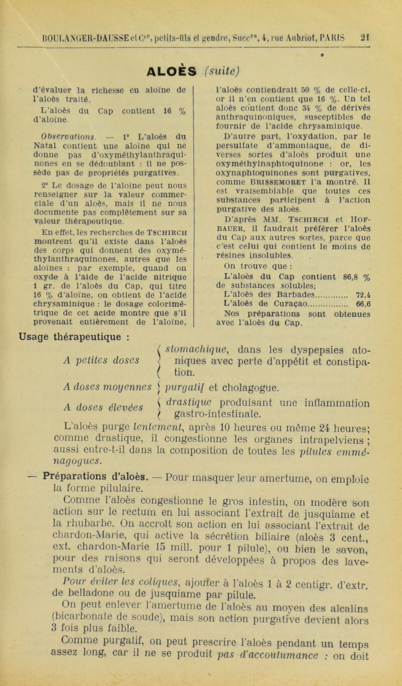 9 ALOÈS (suite) d’évaluer la richesse en aloïne de l’aloès traité. L’aloès du Cap contient 16 % d’aloïne. Observations. — 1* L’aloès du Natal contient une aloïne qui ne donne pas d’oxyméthylanthraqui- nones en se dédoublant : il ne pos- sède pas de propriétés purgatives. 2” Le dosage de l’aloïne peut nous renseigner sur la valeur commer- ciale d’un aloès, mais il ne nous documente pas complètement sur sa valeur thérapeutique. En effet, les recherches de Tschirch montrent qu’il existe dans l’aloès des corps qui donnent des oxymé- thylanthraquinones, autres que les aloïnes : par exemple, quand on oxyde à l’aide de l’acide nitrique 1 gr. de l’aloès du Cap, qui titre 16 % d’aloïne, on obtient de l’acide chrysamlnlque : le dosage colorimé- trique de cet acide montre que s’il provenait entièrement de l’aloïne, Usage thérapeutique : A petites doses A doses moyennes A doses élevées L’aloès purge lentement, comme drastique, il aussi enti'e-t-il dans la nayogues. l’aloès contiendrait 50 % de celle-ci, or il n’en contient que 16 %. Un tel aloès contient donc 34 % de dérivés anthraqulnonlques, susceptibles de fournir de l’acide chrysaminique. D’autre part, l’oxydation, par le persulfate d’ammoniaque, de di- verses sortes d’aloès produit une oxyméthylnaphtoquinone : or, les oxynaphtoquinones sont purgatives, comme Brissemoret l’a montré. 11 est vraisemblable que toutes ces substances participent à l’action purgative des aloès. D’après MM. Tschirch et Hof- BAUER, il faudrait préférer l’aloès du Cap aux autres sortes, parce que c’est celui qui contient le moins de résines insolubles. On trouve que : L’aloès du Cap contient 86,8 % de substances solubles; L’aloès des Barbades 72,4 L’aloès de Curaçao 66,6 Nos préparations sont obtenues avec l’aloès du Cap. Stomachique, dans les dyspepsies ato- niques avec perte d’appétit et constipa- tion. i purgatii et cholagogue. { drastique produisant une inflamrnation l gastro-intestinale. après 10 heures ou môme 24 heures; congestionne les organes intrapelviens ; composition de toutes les pilules emmé- — Préparations d’aloès. — Pour masquer leur amertume, on emploie la forme pilulaire. Comme l’aloès congestionne le gros intestin, on modèi’e son action sur le rectum en lui associant l’extrait de jusquiame et la rhubarbe. On accroît son action en lui associant l’extrait de chardon-Marie, qui active la sécrétion biliaire (aloès 3 cent., ext. chaidon-Alai'ie 15 mill. pour 1 pilule), ou bien le .savon, pour des raisons qui seront développées à propos des lave- ments d’aloès. Pour éviter les coliques, ajouter à l’aloès 1 à 2 centigr. d’extr. de belladone ou de jusquiame par pilule. On peut enlever l’amertume de l’aloès au moyen des alcalins (bicarbonate de soude), mais son action purgatfve devient alors 3 fois plus faible. Comme purgatif, on peut prescrire l'aloès pendant un temps assez long, car il ne se produit pas d'accoutumance : on doit