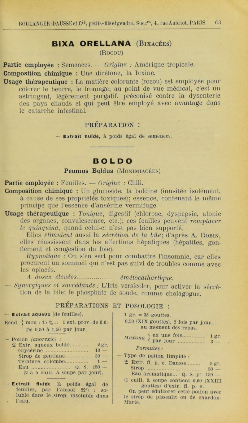 BIXA ORELLANA (Bixacees) (Rocou) Partie employée : Semences. — Origine : Amérique tropicale. Composition chimique : Une dicétone, la bixine. Usage thérapeutique : La matière colorante (rocou) est employée pour colorer le beurre, le fromage; au point de vue médical, c'est un astringent, légèrement purgatif, préconisé contre la dysenterie des pays chauds et qui peut être employé avec avantage dans le catarrhe intestinal. PRÉPARATION : — Extrait fluide, à poids égal de semences. BO L D O Peumus Boldus (Monimiacées) Partie employée : Feuilles. — Origine : Chili. Composition chimique : Un glucoside, la boldine (inusitée isolément, à cause de ses propriétés toxiques); essence, contenant le même principe que l’essence d’ansérine vermifuge. Usage thérapeutique : Tunique, digestif (chlorose, dyspepsie, atonie des organes, convalescence, etc.); ces feuilles peuvent remplacer le quinquina, quand celui-ci n’est pas bien supporté. Files stimulent aussi la sécrétion de la büe; d’après A. Robin, elles réussissent dans les affections hépatiques (hépatites, gon- llement et congestion du foie). Hypnotique : On s’en sert pour combattre l’insomnie, car elles procurent un sommeil qui n’est pas suivi de troubles comme avec les opiacés. A doses élevées émétocatharlique. — Synergiques et succédanés : L’Iris versicolor, pour activer la sécré- tion de la bile; le phosphate de soude, comme cholagogue. PRÉPARATIONS — Extrait aqueux (de feuilles). Rend. | mou : 15 %... 1 ext. prov, de 6,6. De 0,50 à 1,50 par Jour. - l’otion (anorexie) : % E.xtr. aqueux boldo 2 gr. Glycérine 10 — Sirop de gentiane 30 — Teinture colombo 1 — Eau y. S. 150 — 12 à 5 cuill. à soupe par jour). — Extrait fluide (à poids égal de feuilles, par l’alcool 22°) : so- luble dans le sirop, Insoluble dans . l’eau. ET POSOLOGIE : 1 gr. = 38 gouttes. 0,50 (XIX gouttes), 2 fois par jour, au moment des repas. Maxlma 1 1 ' par jour 3 _ Formules : — Type de potion limpide : % Extr. fl. p. e. Dausse 5gr. Sirop 50 _ Eau aromatique... Q. s. p' 1.50 — (1 cuill. à soupe contient 0,60 (XXIII gouttes) d’extr. fl. p. e. On peut édulcorer cette potion avec le sirop de pis-senllt ou de chardon- Marie.