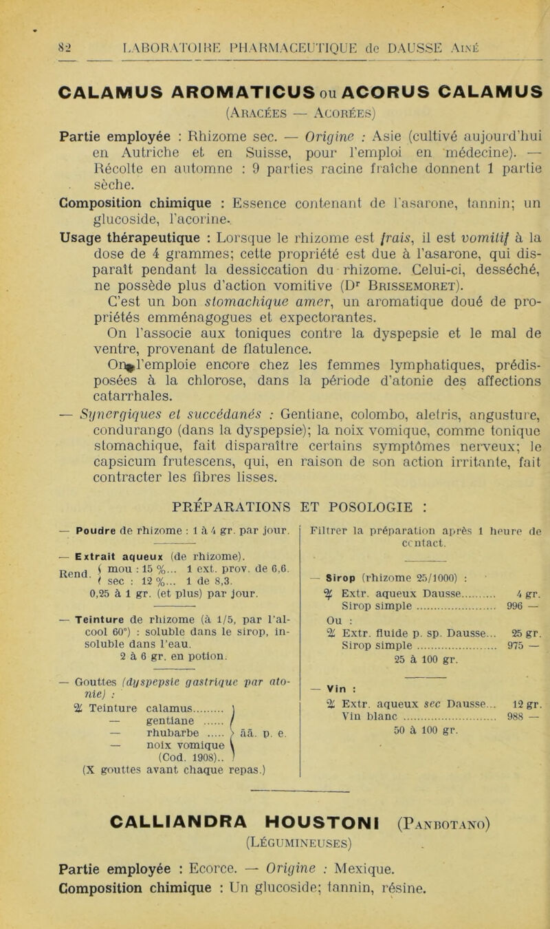 CALAMUS AROMATICUSou ACORUS CALAMUS (Aracées — Acoréesj Partie employée : Rhizome sec. — Origine : Asie (cultivé aujourd’hui en Autriche et en Suisse, pour l’emploi en médecine). — Récolte en automne : 9 parties racine fraîche donnent 1 partie sèche. Composition chimique : Essence cojitenant de l asarone, tannin; un glucoside, l’acorine.. Usage thérapeutique : Lorsque le rhizome est frais, il est vomitif à la dose de 4 grammes; cette propriété est due à l’asarone, qui dis- paraît pendant la dessiccation du rhizome. Celui-ci, desséché, ne possède plus d’action vomitive (D'‘ Rrissemoret). C’est un bon stomachique amer, un aromatique doué de pro- priétés emménagogues et expectorantes. On l’associe aux toniques contre la dyspepsie et le mal de ventre, provenant de flatulence. On^l’emploie encore chez les femmes lymphatiques, prédis- posées à la chlorose, dans la période d’atonie des affections catarrhales. — Synergiques et succédanés : Gentiane, Colombo, aletris, angusture, condurango (dans la dyspepsie); la noix vomique, comme tonique stomachique, fait disparaître certains symptômes nerveux; le capsicum frutescens, qui, en raison de son action irritante, fait contracter les fibres lisses. PRÉPARATIONS ET POSOLOGIE : — Poudre de rhizome : 1 à 4 gr. par jour. — Extrait aqueux (de rhizome). „ J ( mou : 15 %... 1 ext. prov. de 6,6. ( sec ; 12%... 1 de 8.3. 0,25 à 1 gr. (et plus) par jour. — Teinture de rhizome (à 1/5, par l’al- cool 60°) : soluble dans le sirop, in- soluble dans l’eau. 2 à 6 gr. en potion. — Gouttes (dyspepsie gastrique par ato- nie) : % Teinture calamus i — gentiane / — rhubarbe > ââ. p. e. — noix vomique V (Cod. 1908).. ] (X gouttes avant chaque repas.) Filtrer la préparation après 1 heure de crutact. — Sirop (rhizome 25/1000) : ^ Extr. aqueux Dausse 4 gr. Sirop simple 996 — Ou : % Extr. fluide p. sp. Dausse... 25 gr. Sirop simple 975 — 25 à 100 gr. — Vin : % Extr. aqueux sec Dausse... 12 gr. Vin blanc 988 — 50 à 100 gr. CALLIANDRA HOUSTON! (Panrotano) (Légumineuses) Partie employée : Ecorce. — Origine : Mexique. Composition chimique : Un glucoside; tannin, résine.