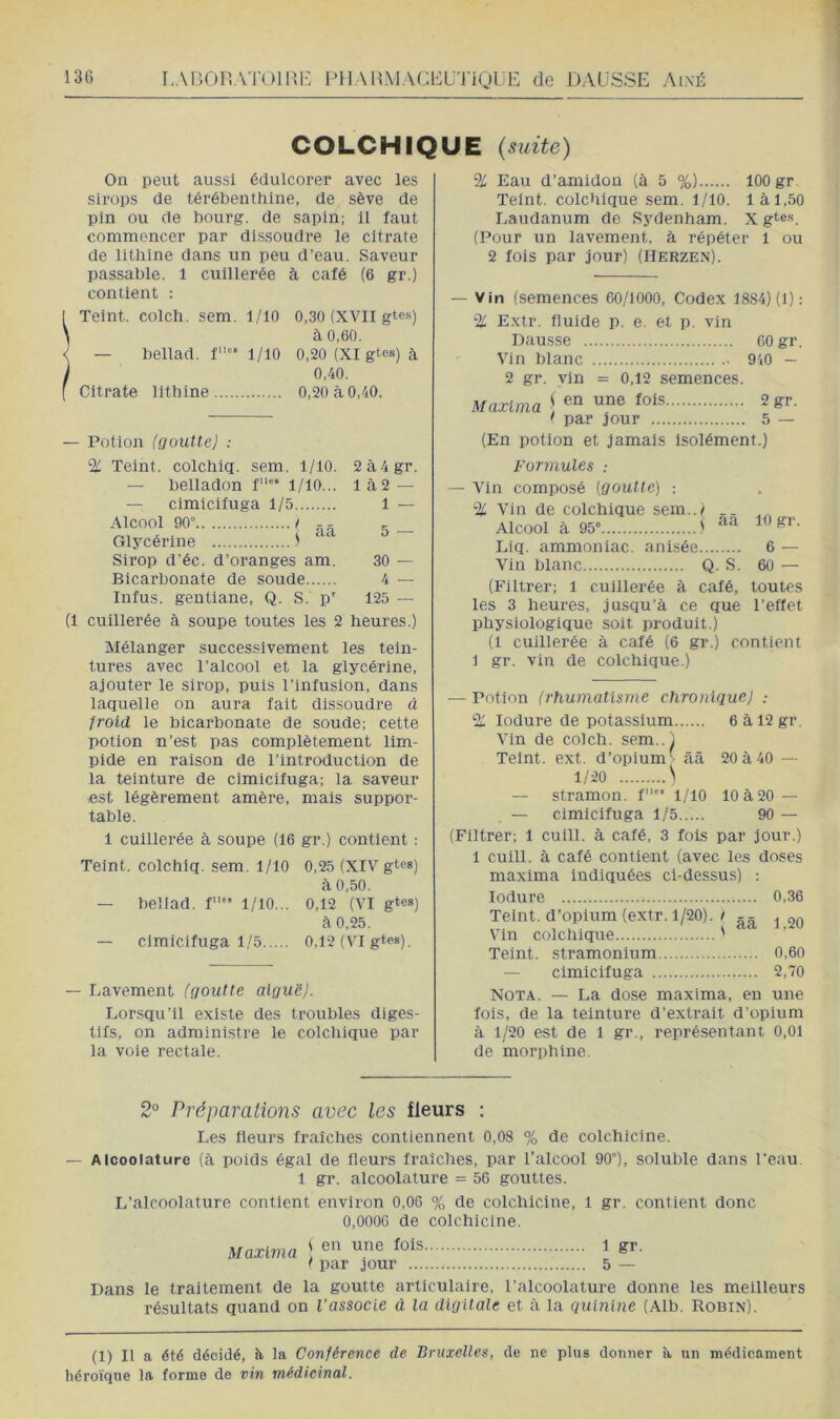 LABOR.Vi'ülUE PHAHMACBU’J'IQüE de HAUSSE AixÉ COLCHIQUE (suite) On peut aussi édulcorer avec les sirops de térébenthine, de sève de pin ou de bourg, de sapin; 11 faut commencer par di.ssoudre le citrate de litliine dans un peu d’eau. Saveur passable. 1 cuillerée à café (6 gr.) contient : Teint, colch. sem. 1/10 0,30 (XVII gte») à 0,60. — bellad. f 1/10 0,20 (XI gtes) à 0,40. Citrate lithine 0,20 à 0,40. — Potion (goutte] ; (1 % Teint, colchiq. sem. 1/10. — belladon f‘‘ 1/10... — cimicifuga 1/5 Alcool 90“ t Glycérine 1 Sirop d'éc. d’oranges am. Bicarbonate de soude Infus. gentiane, Q. S. p' 2 à 4 gr. 1 à2 — 1 — 5 — 30 — 4 — 125 — cuillerée à soupe toutes les 2 heures.) Mélanger successivement les tein- tures avec l’alcool et la glycérine, ajouter le sirop, puis l’infusion, dans laquelle on aura lait dissoudre à froid le bicarbonate de soude; cette potion n’est pas complètement lim- pide en raison de l’introduction de la teinture de cimicifuga; la saveur .est légèrement amère, mais suppor- table. 1 cuillerée à soupe (16 gr.) contient : Teint, colchiq. sera. 1/10 0,25 (XIV gtes) à 0,50. — bellad. f'* l/lO... 0,12 (VI gtes) à, 0,25. — cimicifuga 1/5 0,12 (VI gtes). — Lavement [goutte aiguë). Lorsqu’il existe des troubles diges- tifs, on administre le colchique par la voie rectale. % Eau d’amidon (à 5 %) 100 gr Teint, colchique sem. 1/10. là 1,50 Laudanum de Sydenham. Xgtes. (Pour un lavement, à répéter 1 ou 2 fois par jour) (IIerzen). — Vin (semences 60/1000, Codex 1884) (1): % Extr. fluide p. e. et p. vin Dausse 60 gr. Vin blanc 9i0 - 2 gr. vin = 0,12 semences. Maxlma ) ' par jour 5 — (En potion et jamais isolément.) Formules : — Vin composé (goutte) : % Vin de colchique sem..^ .. Alcool à 95” Liq. ammoniac, anisée Vin blanc Q. S. 10 gr. 6 — 60 — (Filtrer; 1 cuillerée à café, toutes les 3 heures, jusqu’à ce que l’effet physiologique soit produit.) (1 cuillerée à café (6 gr.) contient 1 gr. vin de colchique.) — Potion (rhumatisme chronique) % lodure de potassium 6àl2gr. Vin de colch. sem..) Teint, ext. d’opium[ àâ 20à40 — 1/20 ) — stramon. f”‘ l/lO 10 à 20 — — cimicifuga 1/5 90 — (Filtrer; 1 cuill. à café, 3 fois par jour.) 1 cuill. à café contient (avec les doses maxima indiquées ci-dessus) : lodure 0,36 Teint, d’opium (extr. 1/20). i ^ 20 Vin colchique ' Teint, stramonium 0,60 — cimicifuga 2,70 Nota. — La dose maxima, en une fois, de la teinture d’extrait d’opium à 1/20 est de 1 gr., représentant 0,01 de morphine. oo Préparations avec les fleurs : Les fleurs fraîches contiennent 0,08 % de colchicine. — Alcoolature (à poids égal de fleurs fraîches, par l’alcool 90), soluble dans Peau. 1 gr. alcoolature = 56 gouttes. L’alcoolature contient environ 0,06 % de colchicine, 1 gr. contient donc 0,0006 de colchicine. Maxima ' une fois 1 gr. f par jour 5 — Dans le traitement de la goutte articulaire, l’alcoolature donne les meilleurs résultats quand on l’associe à la digitale et à la quinine (Alb. Robin). (1) Il a été décidé, h, la Conférence de Bruxelles, de ne plus donner à, un médicament héroïque la forme de vin médicinal.