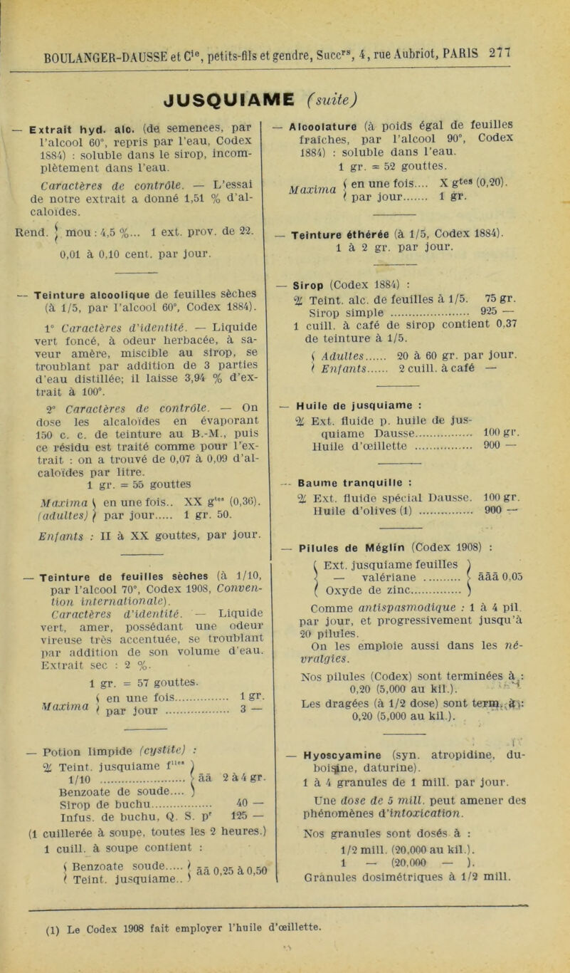 vlUSQUIAME (suite) — Extrait hyd. aie. (de semences, par l’alcool 60”, repris par l’eau, Codex 1884) : soluble dans le sirop, incom- plètement dans l’eau. Caractères de contrôle. — L’essai de notre extrait a donné 1,51 % d’al- caloïdes. Rend. ' mou : 4,5 %... 1 ext. prov. de 22. 0,01 à 0,10 cent, par jour. — Alcoolature (à poids égal de feuilles fraîches, par l’alcool 90”, Codex 1884) : soluble dans l’eau. 1 gr. = 52 gouttes. Maxlma ( en une fols. ( par jour.... X gtes (0,20). 1 gr. — Teinture éthérée (à 1/5, Codex 1884). 1 à 2 gr. par jour. — Teinture alcoolique de feuilles sèches (à 1/5, par l’alcool 60. Codex 1884). 1 Caractères d'identité. — Liquide vert foncé, à odeur herbacée, à sa- veur amère, miscible au sirop, se troublant par addition de 3 parties d’eau distillée; il laisse 3,94 % d’ex- trait à 100. 2 Caractères de contrôle. — On dose les alcaloïdes en évaporant 150 c. c. de teinture au B.-M., puis ce résidu est traité comme pour l’ex- trait ; on a trouvé de 0,07 à 0,09 d’al- calotdes par litre. 1 gr. = 55 gouttes Maximal en une fois.. XX g' (0,30). I adultes) } par jour 1 gr. 50. Enfants ; II à XX gouttes, par jour. — Teinture de feuilles sèches (à 1/10, par l’alcool 70, Codex 1908, Conven- tion internationale). Caractères d’identité. — Liquide vert, amer, possédant une odeur vireuse très accentuée, se troublant par addition de son volume d'eau. Extrait sec : 2 %. 1 gr. = 57 gouttes. , ( en une fols 1 ?r- Maxima f jour 3 — Sirop (Codex 1884) : % Teint, aie. de feuilles à 1/5. 75 gr. Sirop simple 925 — 1 cuill. à café de sirop contient 0,37 de teinture à 1/5. ( Adultes 20 à 60 gr. par jour. I Enfants 2 cuill. à café — Huile de jusquiame : iÜ Ext. fluide p. huile de jus- quiame Dausse 100 gr. Huile d’œillette 900 — Baume tranquille : % Ext. fluide spécial Dausse. 100 gr. Huile d’olives (1) 900 — Pilules de Méglin (Codex 1908) : Ext. jusquiame feuilles — valériane Oxyde de zinc Comme antispasmodique ; 1 à 4 pli. par jour, et progressivement jusqu’à 20 pilules. On les emploie aussi dans les 7ié- vr algies. Nos pilules (Codex) sont terminées 0,20 (5,000 au kll.). Les dragées (à 1/2 dose) sont termi^ài: 0,20 (5,000 au kil.). aââ 0,05 — Potion limpide (cystite) : % Teint, jusquiame f \ _ 1/10 ? aà 2 à4 gr. Benzoate de soude.... ) Sirop de buchu 40 — Infus. de buchu, Q. S. p' 125 — (1 cuillerée à soupe, toutes les 2 heures.) 1 cuill. à soupe contient : ( Benzoate soude / ( Teint, ju.squlame.. .' ââ 0,25 à 0,50 I ' Hyoscyamine (syn. atropidine, du- bolî]^ne, daturlne). 1 à 4 granules de 1 mill. par jour. Une dose de 5 mill. peut amener des phénomènes d'intoxication. Nos granules sont dosés à : 1/2 mill. (20,000 au kll ). 1 — (20,000 — ). Granules dosimétriques à 1/2 mill. (1) Le Codex 1908 fait employer l’huile d’œillette.