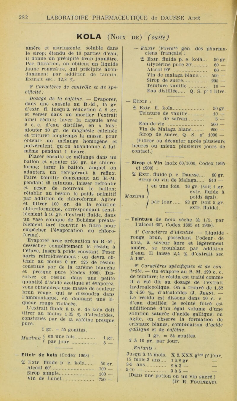 KOLA (Noix de) (suite) amère et astringente, soluble dans le sirop; étendu de 10 parties d’eau, il donne un précipité brun jaunâtre. Par filtration, on obtient un liquide jaune rougeâtre, qui précipite abon- damment par addition de tannin. Extrait sec: 12,8 %. 2° Caractères de contrôle et de spé- cificité : Dosage de la caféine. — Evaporer, dans une capsule au B.-M., 15 gr. d’extr. fl. jusqu’à réduction à 8 gr. et verser dans un mortier l’extrait ainsi réduit; laver la capsule avec 2 c. c. d’eau distillée, en 4 fois ; ajouter lO gr. de magnésie calcinée et triturer longtemps la masse, pour obtenir un mélange homogène et pulvérulent, qu’on abandonne à lui- même pendant 1 heure. Placer ensuite ce mélange dans un ballon et ajouter 150 gr. de chloro- forme; tarer le ballon, auquel on adaptera un réfrigérant à reflux. Faire bouillir doucement au B.-M. pendant 45 minutes, laisser refroidir et peser de nouveau le ballon; rétablir au besoin le poids primitif par addition de chloroforme. Agiter et flltrer 100 gr. de la solution chloroformique, correspondant sensi- blement à 10 gr. d’extrait fluide, dans un vase conique de Bohême préala- blement taré (couvrir le filtre pour empêcher l’évaporation du chloro- forme). Evaporer avec précaution au B.-M., dessécher complètement le résidu à l’étuve, jusqu’à poids constant. Peser après refroidissement : on devra ob- tenir au moins 0 gr. 125 de résidu constitué par de la caféine blanche et presque pure (Codex 1908). Dis- solvez ce résidu dans une petite quantité d’acide azotique et évaporez, vous obtiendrez une masse de couleur brun rouge, qui se dissoudra dans l’ammoniaque, en donnant une li- queur rouge violacée. L’extrait fluide à p. e. de kola doit titrer au moins 1,25 % d’alcaloïdes, constitués par de la caféine presque pure. 1 gr. = 55 gouttes. Maxim a \ ^ols i gp ‘ par jour 5 _ Elixir de kola (Codex 1908) : % Extr. fluide p. e. kola 50 gr. Alcool 60° 100 — .Sirop simple loo — Vin de Lunel 750 — | Elixir (Formée gén. des pharma- ciens français) : % Extr. fluide p. e. kola... 50 gr. Glycérine pure 30 60 — Alcool 90° 60 — Vin de malaga blanc 500 — Sirop de sucre 200 — Teinture vanille 10 — Eau distillée Q. S. p' 1 litre. — Elixir : % Extr. fl. kola 50 gr. Teinture de vanille lo — — de safran 5 — Eau-de-vie 500 — Vin de Malaga blanc 200 — Sirop de sucre, Q. S. p° lOOO — (Filtrer ou décanter après plusieurs heures ou mieux plusieurs jours de contact.) — Sirop et Vin (noix 60/1000, Codex 1895 et 1908) ; % Extr. fluide p. e. Dausse.... 60 gr. Sirop ou vin de Malaga 940 — / en une lois. 16 gr. (soit 1 gr. \ extr. fluide à Maxima / poids égal). I par jour 83 gr. (soit 5 gr. ! extr. fluide). — Teinture de noix sèche (à 1/5, par l’alcool 60°, Codex 1895 et 1908). 1° Caractères d’identité. — Liquide - rouge brun, possédant l’odeur de kola^ à saveur âpre et légèrement amère, se troublant par addition d’eau. Il laisse 2,4 % d’extrait sec à 100°. 2° Caractères spécifiques et de con- trôle. — On évapore au B.-M. 120 c. c. de teinture; le résidu est traité comme il a été dit au dosage de l’extrait hydroalcoolique. On a trouvé de 1,62 à 4,50 %o d’alcaloïdes (J. Jean). — Le résidu est dissous dans 10 c. c. d’eau distillée; le soluté filtré est additionné d’un égal volume d’une solution saturée d’acide gallique; on agite, on observe la formation de cristaux blancs, combinaison d’acide gallique et de caféine. 1 gr. = 54 gouttes. 2 à 10 gr. par jour. .Enfants : Jusqu’à 15 mois. X à XXX g+es p° jour. 15 mols-3 ans.... ià2gr. — (Dans une potion ou un vin sucré.) (D' R. FOUINEAU).