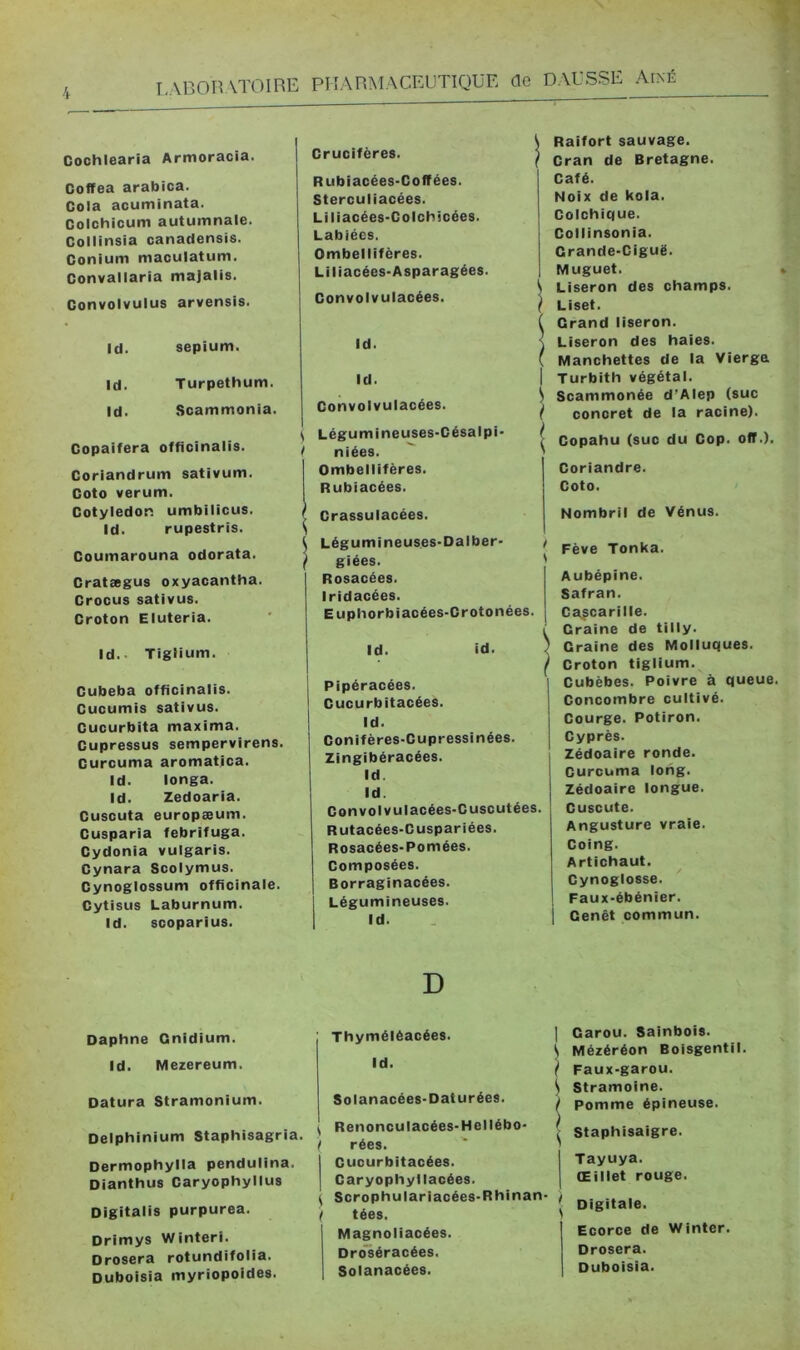 Cochlearia Armoracia. Coffea arabica. Cola acuminata. Colchicum autumnale. Collinsia canadensis. Conium maculatum. Convallaria majalis. Convolvulus arvensis. Id. sepium. Id. Turpethum. Id. Scammonia. Copaifera officinalis. Coriandrum sativum. Goto verum. Cotylédon umbilicus. Id. rupestris. Coumarouna odorata. Cratægus oxyacantha. Crocus sativus. Croton Eluteria. Id.. Tiglium. Cubeba officinalis. Cucumis sativus. Cucurbita maxima. Cupressus sempervirens. Curcuma aromatica. Id. longa. Id. Zedoaria. Cuscuta europœum. Cusparia febrifuga. Cydonia vulgaris. Cynara Scolymus. Cynoglossum officinale. Cytisus Laburnum. Id. scoparius. Daphné Gnidium. Id. Mezereum. Datura Stramonium. Delphinium Staphisagria. Dermophylla pendulina. Dianthus Caryophyllus Digitalis purpurea. Drimys Winteri. Drosera rotundifolia. Duboisia myriopoides. Crucifères. Rubiacées-Coffées. Sterculiacées. Liliacées-Colchicées. Labiées. Ombellifères. Liliacées-Asparagées. Convolvulacées. Id. Id. Convolvulacées. Légumineuses-Césalpi- niées. Ombellifères. Rubiacées. Crassulacées. Légu mineuses-Dalber- giées. Rosacées. Iridacées. Euphorbiacées-Crotonées. Id. id. Pipéracées. Cucurbitacées. Id. Conifères-Cupressinées. Zingibéracées. Id. Id. Convolvulacées-Cuscutées. Rutacées-Cuspariées. Rosacées-Pomées. Composées. Borraginacées. Légumineuses. Id. D Thyméléacées. Id. Solanacées-Dat urées. i Renonculacées-Hellébo- I rées. Cucurbitacées. Caryophyllacées. ^ Scrophulariacées-Rhinan '( tées. Magnoliacées. Dri^éracées. Solanacées. Raifort sauvage. Cran de Bretagne. Café. Noix de kola. Colchique. Collinsonia. Grande-Ciguë. Muguet. \ Liseron des champs. } Liset. ( Grand liseron. \ Liseron des haies. ( Manchettes de la Vierge I Turbith végétal. ^ Scammonée d’Alep (suc I concret de la racine). I Copahu (suc du Cop. off.). Coriandre. Goto. Nombril de Vénus. ' Fève Tonka. Aubépine. Safran. Ca^carille. 1 Graine de tilly. ) Graine des Molluques. ( Croton tiglium. Cubèbes. Poivre à queue. Concombre cultivé. Courge. Potiron. Cyprès. Zédoaire ronde. Curcuma long. Zédoaire longue. Cuscute. Angusture vraie. Coing. Artichaut. Cynoglosse. Faux-ébénier. Genêt commun. I Garou. Sainbois. ( Mézéréon Boisgentil. I Faux-garou. Stramoine. f Pomme épineuse. ^ Staphisaigre. I Tayuya. I Œillet rouge. I Digitale. Ecorce de Winter. Drosera. Duboisia.