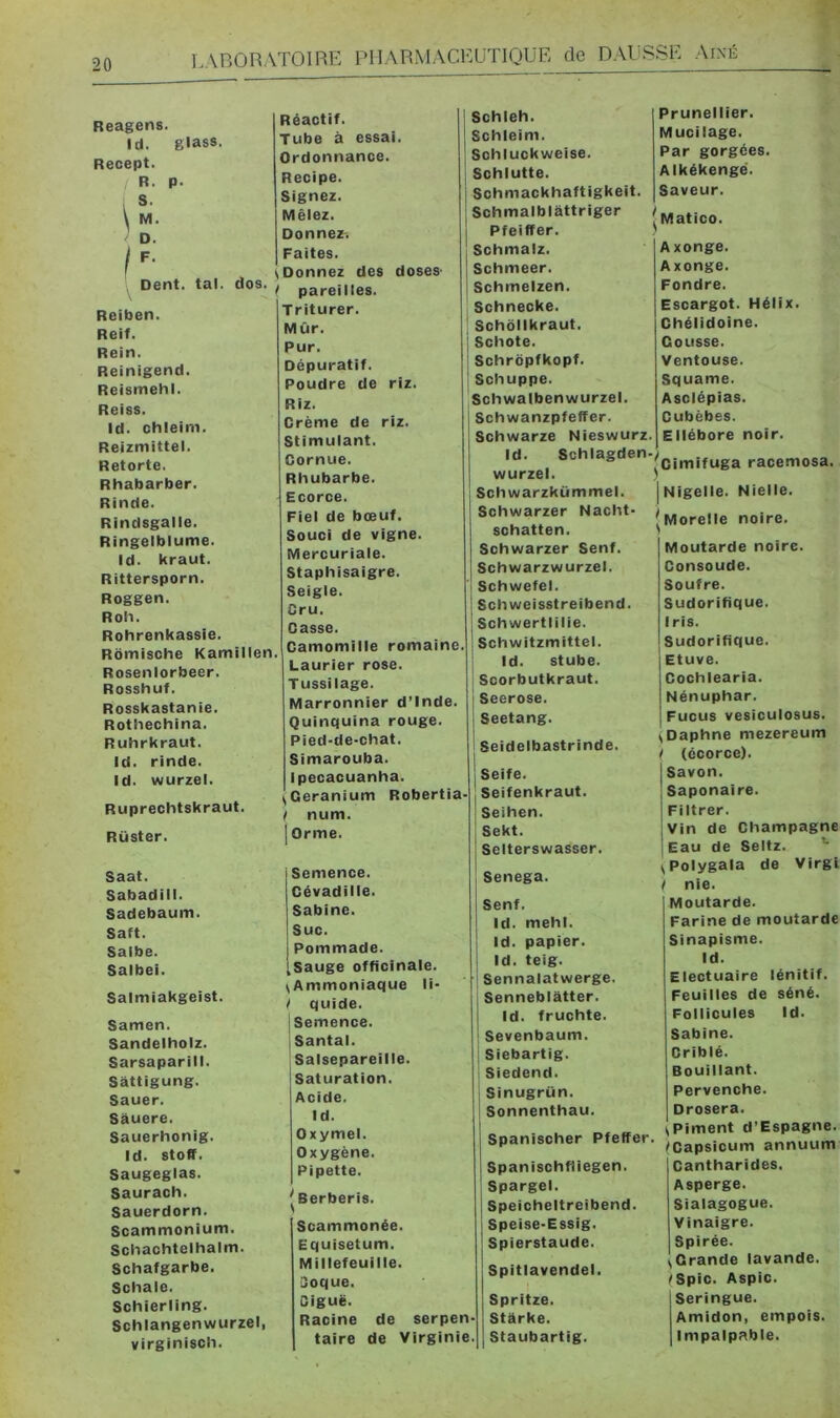 Reagens. Id. glass. Recept. R. p. V M. D. I F. Dent. tal. dos. Reiben. Reif. Rein. Reinigend. Reismehi. Reiss. Id. chleim. Reizmittel. Retorte. Rhabarber. Rinde. Rindsgalle. Ringelblume. Id. kraut. Rittersporn. Roggen. Roh. Rohrenkassie. Rômische Kamillen Rosenlorbeer. Rosshuf. Réactif. Tube à essai. Ordonnance. Recipe. Signez. Mêiez. Donnez-. Faites. s Donnez des doses- f pareilles. Triturer. Mûr. Pur. Dépuratif. Poudre de riz. Riz. Crème de riz. Stimulant. Cornue. Rhubarbe. Ecorce. Fiel de bœuf. Souci de vigne. Mercuriale. Staphisaigre. Seigle. Cru. Casse. Camomille romaine Laurier rose. Tussilage. Rosskastanie. Marronnier d’Inde. Rothechina. Quinquina rouge. Ruhrkraut. Pied-de-chat. Id. rinde. Simarouba. Id. wurzel. Ipecacuanha. i Géranium Robertia- Ruprechtskraut. ’ num. Rüster. Orme. Saat. Semence. Sabadill. Cévadiile. Sadebaum. Sabine. Saft. Suc. Salbe. Pommade. Salbei. Sauge officinale. lAmmoniaque li- Salmiakgeist. quide. Samen. Semence. Sandelholz. Santal. Sarsaparill. Salsepareille. Sattigung. Saturation. Sauer. Acide. Sauere. Id. Sauerhonig. Oxymel. Id. stoff. Oxygène. Saugeglas. Pipette. Saurach. ^ Berberis. Sauerdorn. s Scammonium. Scammonée. Schachtelhalm. Equisetum. Schafgarbe. Millefeuille. Schale. Coque. Schierling. Ciguë. Schlangenwurzel, Racine de serpen- virginisch. taire de Virginie. Schleh. Schleim. Schluckweise. Schlutte. Schmackhaftigkeit. Schmalblattriger Pfeiffer. Schmalz. Schmeer. Schmeizen. Schnecke. Schôlikraut. Schote. Schropfkopf. Schuppe. Schwalbenwurzel. Schwanzpfeffer. Schwarze Nieswurz Id. Schlagden. wurzel. Schwarzkümmel. Schwarzer Nacht- schatten. Schwarzer Senf. Schwarzwurzel. Schwefel. Schweisstreibend. Schwertiilie. Schwitzmittel. Id. stube. Scorbutkraut. Seerose. Seetang. Prunellier. Mucilage. Par gorgées. Alkékengë. Saveur. Matico. Axonge. Axonge. Fondre. Escargot. Hélix. Chélidoine. Gousse. Ventouse. Squame. Asclépias. Cubèbes. Ellébore noir. ^Cimifuga racemosa. Seidelbastrinde. Seife. Seifenkraut. Seihen. Sekt. Selterswasser. Senega. Senf. Id. meht. Id. papier. Id. teig. Sennalatwerge. Sennebiatter. Id. fruchte. Sevenbaum. Siebartig. Siedend. Sinugrün. Sonnenthau. Spanischer Pfeffer Spanischftiegen. Spargel. Speicheltreibend. Speise>Essig. Spierstaude. Spitlavendel. Spritze. Starke. Staubartig. |Nigelle. Nielle. ^^Morelle noire. Moutarde noire. Consoude. Soufre. Sudorifique. I ris. Sudorifique. Etuve. Cochlearia. Nénuphar. Fucus vesiculosus. \Daphne mezereum t (écorce). Savon. Saponaire. Filtrer. Vin de Champagne Eau de Seltz. *• ^Polygala de Virgl I nie. Moutarde. Farine de moutarde Sinapisme. Id. Electuaire lénitif. Feuilles de séné. Follicules Id. Sabine. Criblé. Bouillant. Pervenche. Drosera. Jpiment d’Espagne. (Capsicum annuum Cantharides. Asperge. Sialagogue. Vinaigre. Spirée. Grande lavande. (Spic. Aspic. Seringue. Amidon, empois. Impalpable.