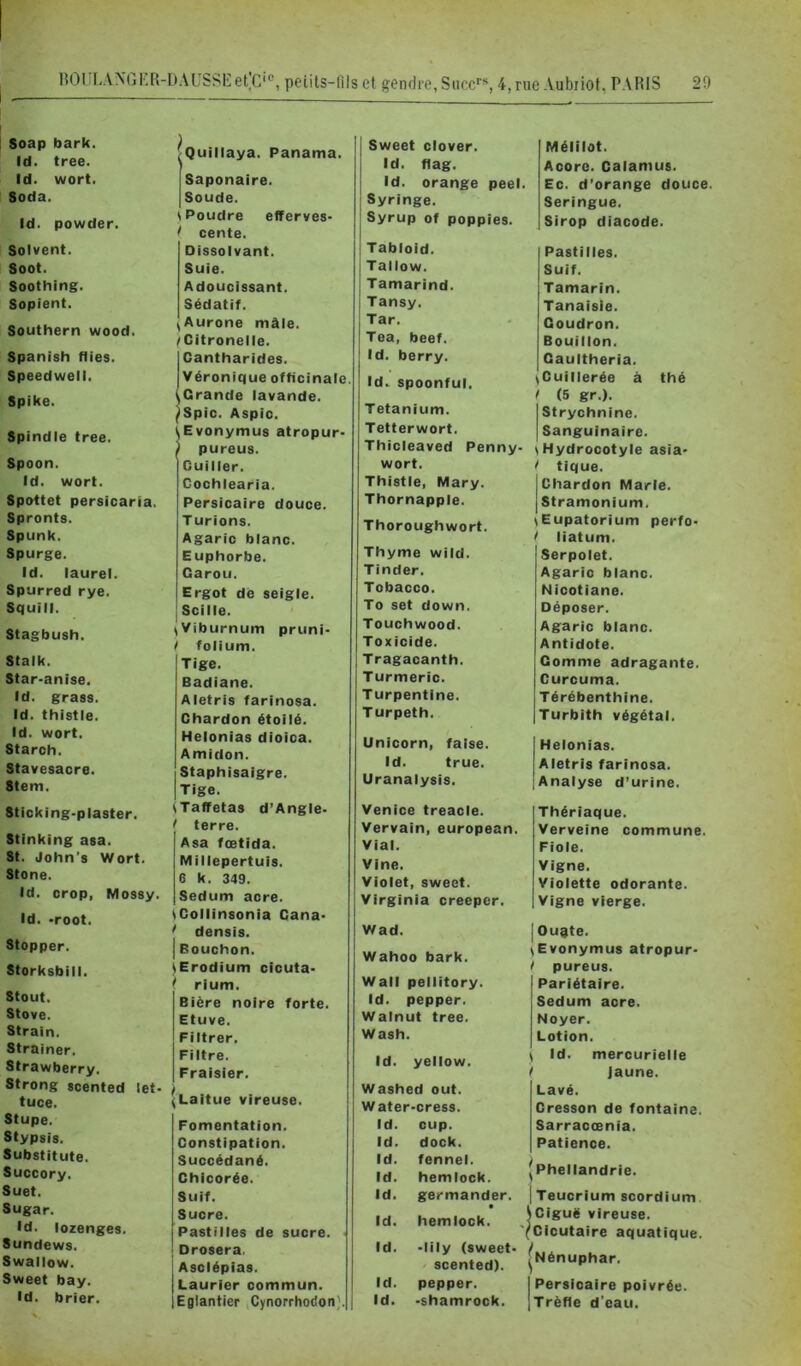 Soap bark. Id. tree. Id. wort. Soda. Id. powder. Solvent. Soot. Soothing. Sopient. Southern wood. Spanish fties. Speedwell. Spike. Spindle tree. Spoon. Id. wort. Spottet persicaria. Spronts. Spunk. Spurge. Id. laurel. Spurred rye. Squill. Stagbush. Stalk. Star-anise. Id. grass. Id. thistle. Id. wort. Starch. Stavesacre. Stem. Sticking-plaster. Stinking asa. St. John’s Wort. Stone. Id. crop, Mossy. Id. -root. Stopper. Storksbill. Stout. Stove. Strain. Strainer. Strawberry. Strong scented let- tuce. Stupe. Stypsis. Substitute. Succory. Suet. Sugar. Id. lozenges. Sundews. Swallow. Sweet bay. Id. brier. Saponaire. Soude. s Poudre efferves- > cente. Dissolvant. Suie. Adoucissant. Sédatif. ^Aurone mâle. / Citronelle. Cantharides. Véronique officinale. ^Grande lavande. ^Spic. Aspic. ^Evonymus atropur- ) pureus. Cuiller. Cochlearia. Persicaire douce. Turions. Agaric blanc. Euphorbe. Garou. Ergot de seigle, j Scille. ^Viburnum pruni- / folium. Tige. Badiane. Aletris farinosa. Chardon étoilé. Helonias dioica. Amidon. Staphisaigre. Tige. fTaffetas d’Angie- > terre. Asa fœtida. Millepertuis. 6 k. 349. Sedum acre. iCollinsonia Cana* * densis. I Bouchon. ^Erodium cicuta- > rium. Bière noire forte. Etuve. Filtrer. Filtre. Fraisier. (taltue vireuse. Fomentation. Constipation. Succédané. Chicorée. Suif. Sucre. Pastilles de sucre. ^ Drosera. Asclépias. Laurier commun. Eglantier Cynorrhodon). Sweet ciover. Id. flag. Id. orange peel. Syringe. Syrup of poppies. Tabloid. j Tallow. Tamarind. Tansy. Tar. Tea, beef. Id. berry. Id. spoonful. Tetanium. Tetterwort. Thicleaved Penny- wort. Thistle, Mary. Thornapple. Thoroughwort. Thyme wild. Tinder. Tobacco. To set down. Touchwood. Toxicide. Tragacanth. Turmeric. Turpentine. Turpeth. Unicom, false. Id. true. Uranalysis. Venice treacle. Vervain, european. Vial. VIne. Violet, sweet. Virginia creepcr. Wad. Wahoo bark. Wall peilitory. Id. pepper. Walnut tree. Wash. Id. yellow. Washed out. Water-cress. Id. cup. Id. dock. Id. fennel. Id. hemiock. Id. germander. Id. hemiock. Id. -lily (sweet- scented). Id. pepper. Id. •Shamrock. Mélilot. Acorc. Calamus. Ec. d’orange douce. Seringue. Sirop diacode. Pastilles. Suif. Tamarin. Tanaisie. Goudron. Bouillon. Gaultheria. ^Cuillerée à thé < (5 gr.). Strychnine. Sanguinaire. SHydrocotyle asia* > tique. Chardon Marie. Stramonium. \Eupatorium perfo- ! liatum. Serpolet. Agaric blanc. Nicotiane. Déposer. Agaric blanc. Antidote. Gomme adragante. Curcuma. Térébenthine. Turbith végétal. Helonias. Aletris farinosa. Analyse d’urine. Thériaque. Verveine commune. Fiole. Vigne. Violette odorante. Vigne vierge. I Ouate. ^Evonymus atropur- / pureus. Pariétaire. Sedum acre. Noyer. Lotion. S Id. mercurielle i Jaune. Lavé. Cresson de fontaine. Sarracœnia. Patience. ^Phellandrie. I Teucrium scordium iCigué vireuse. *Cicutaire aquatique. ^Nénuphar. Persicaire poivrée. Trèfle d’eau.