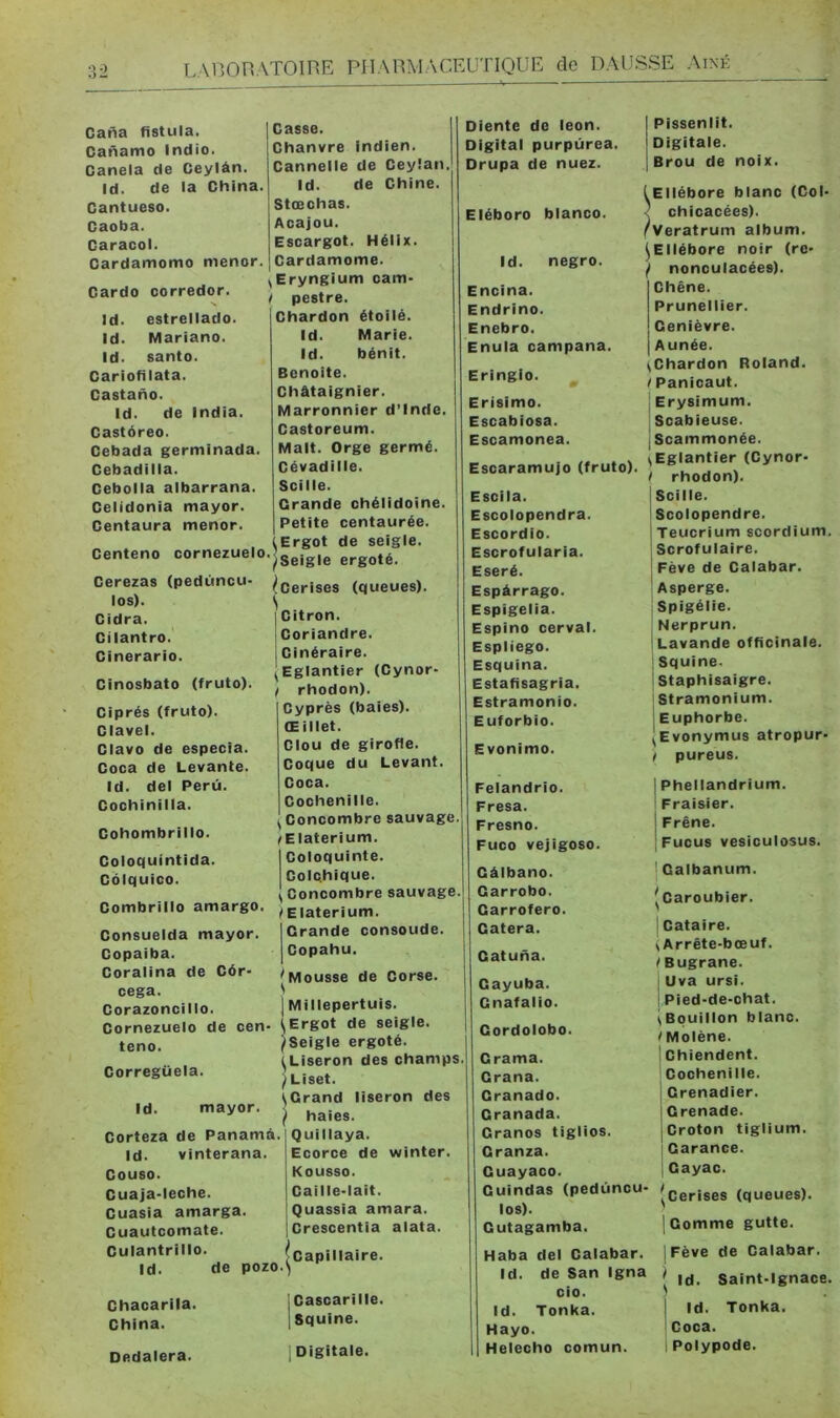 Cana fistula. Canamo Indio. Canela de Ceylàn. Id. de la China. Gantueso. Caoba. Caracol. Cardamome mener. Garde oorredor. Id. estrellado. Id. Mariano. Id. santé. Cariofilata. Castaho. Id. de India. Castoreo. Cebada germinada. Cebadilla. Cebolla albarrana. Celidonia mayor. Gentaura mener. Genteno cornezuelo. Cerezas (pedûncu- los). Cidra. Cilantro. Cinerario. Cinosbato (fruto). Ciprés (fruto). Clavel. Glavo de especia. Coca de Levante. Id. del Perü. Cochinilla. Cohombrillo. Coloquintida. Célquico. Combrillo amargo. Consuelda mayor. Copaiba. Goralina de Côr- cega. Corazoncillo. Cornezuelo de cen* teno. Corregüela. Id. mayor. Corteza de Panamà. Id. vinterana. Couso. Cuaja-leche. Cuasia amarga. Casse. Chanvre Indien. Cannelle de Ceyîan. Id. de Chine. Stœchas. Acajou. Escargot. Hélix. Cardamome. ^Eryngium oam> t pestre. Chardon étoilé. Id. Marie. Id. bénit. Benoîte. Châtaignier. Marronnier d’Inde. Castoreum. Malt. Orge germé. Cévadille. Scille. Grande chélidoine. Petite centaurée. ^Ergot de seigle. /Seigle ergoté. ^Cerises (queues). Citron. Coriandre. Cinéraire. I Eglantier (Cynor- ! rhodon). Cyprès (baies). Œillet. Clou de girofle. Coque du Levant. Coca. Cochenille. ^Concombre sauvage. /Elaterium. Coloquinte. Colchique. ^ Concombre sauvage. iElaterium. Grande consoude. Copahu. ^Mousse de Corse. I Millepertuis. \Ergot de seigle. ^Seigle ergoté. ^Liseron des champs. /Liset. Grand liseron des haies. Quillaya. Ecorce de winter. Kousso. Caille-lait. Quassia amara. Crescentia alata. Cuautcomate. Culantrillo. (capillaire. Id. de pozo.^ Chacarila. China. Dedalera. Cascarille. Squine. I Digitale. Diente de leon. Digital purpürea. Drupa de nuez. Eléboro blanco. Id. negro. Encina. Endrino. Enebro. Enula campana. Eringio. ^ Erisimo. Escabiosa. Escamonea. Escaramujo (fruto). Escila. Escolopendra. Escordio. Escrofularia. Eseré. Espàrrago. Espigelia. Espino cerval. Espliego. Esquina. Estafisagria. Estramonio. Euforbio. Evonimo. Pissenlit. Digitale. Brou de noix. Ellébore blanc (Col- chicacées). Veratrum album. ^Ellébore noir (re- / nonculacées). Chêne. Prunellier. Genièvre. Aunée. ^Chardon Roland. / Panicaut, j Erysimum. IScabieuse. I Scammonée. ^Eglantier (Cynor- ! rhodon). Scille. Scolopendre. Teucrium scordium. i Scrofulaire. Fève de Calabar. Asperge. Spigélie. Nerprun. ! Lavande officinale. ; Squine. Staphisaigre. < Stramonium. ' Euphorbe. ^Evonymus atropur- ! pureus. Felandrio. Fresa. Fresno. Fuco vejigoso. Gàlbano. Garrobo. Garrofero. Gatera. Gatuna. Gayuba. Gnafalio. Gordolobo. Grama. Grana. Granado. Granada. Granos tiglios. Granza. Guayaco. Guindas (pedùncu- los). Gutagamba. Haba del Calabar. Id. de San Igna cio. Id. Tonka. Hayo. Helecho comun. Phellandrium. Fraisier. Frêne. Fucus vesiculosus. I Galbanum. (caroubier. I Cataire, s Arrête-bœuf. / Bugrane. j Uva ursi. ! Pied-de-ohat. \Bouillon blanc. / Molène. 1 Chiendent. Cochenille, j Grenadier. 1 Grenade, jcroton tiglium. Garance. I Gayac. (cerises (queues). I Comme gutte. |Fève de Calabar. ( Id. Saint-Ignace. I Id. Tonka. Coca. IPolypode.