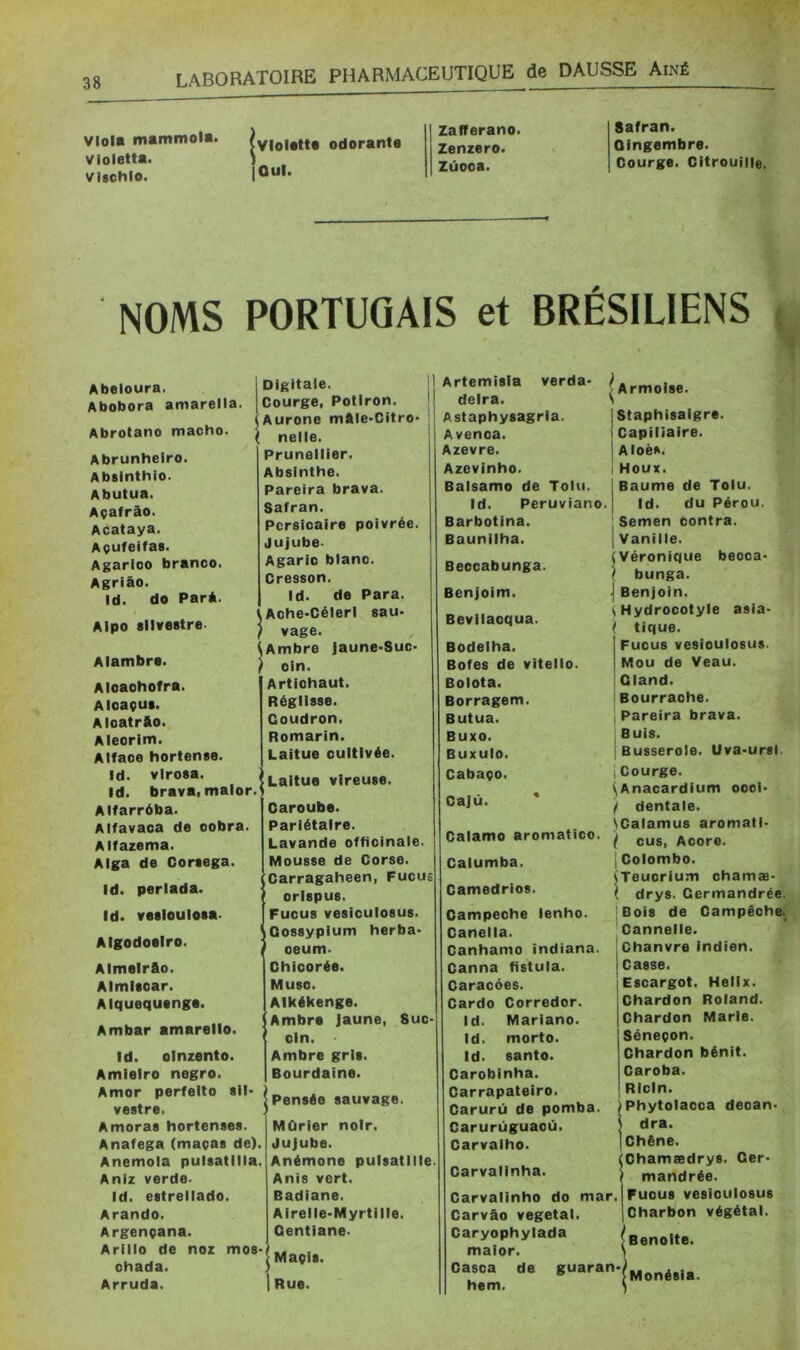 viola mammola. violetta. vischlo. jvioUtta odorante |Qul. Zafferano. Zenzero. Zûooa. Safran. QIngembre. Courge. Citrouille. NOMS PORTUGAIS et BRÉSILIENS Abeloura. Abobora amarella. Abrotano macho. Abrunheiro. Absinthio. Abutua. Acafrâo. Acataya. Acufeifas. Agarloo branco. Agriâo. Id. do ParA. Alpo sllveetre- Alambre. Aloaohofra. Aloaçut. Alcatrfto. Aleorim. Alfaoe hortense. id. viroea. Id. brava, malor. Alfarrôba. Alfavaoa de oobra. Alfazema. Alga de Cortega. Digitale. Courge, Potiron. Aurone mftle-Citro- nelle. Prunellier. Absinthe. Pareira brava. Safran. Pcrsicaire poivrée. Jujube- Agaric blanc. Cresson. Id. de Para. tAche-Célerl sau- / vage. lAmbre Jaune-Suc- f oin. Artichaut. Réglisse. Goudron. Romarin. Laitue cultivée. Laitue vireuse. Id. perlada. Id. vesloulota. Algodoeiro. Almeirfio. Almitoar. Alquequenge. Ambar amarello. Id. oinzento. Amieiro negro. Amor perfeito sll- vestre. Amoras hortenses. Anafega (maças de). Anemola pulsatllla. Aniz verde- Id. estrellado. Arando. Argençana. Arillo de noz mos- ohada. Arruda. Caroube. Pariétaire. Lavande officinale. Mousse de Corse, i Carragaheen, Fucus orispus. Fucus vesiculosus. Qossypium herba oeum. Chicorée. Musc. Alkékenge. Ambre Jaune, Suc- oin. Ambre gris. Bourdaine. Pensée sauvage. Mûrier noir. Jujube. Anémone pulsatille. Anis vert. Badiane. Airelle-Myrtille. Gentiane. Maçis. Rue. Beccabunga. Benjoim. Bevilacqua. Bodelha. Bofes de vitello. Bolota. Borragem. Butua. Buxo. Buxulo. Cabapo. Cajû. * Calamo aromatico. Calumba. Camedrios. Campeche lenho. Canella. Canhamo indiana. Canna fistula. Caracées. Cardo Corredor. Id. Mariano. Id. morto. Id. santo. Carobinha. Carrapateiro. Garurû do pomba. Carurüguaoû. Carvalho. Carvalinha. S Artemisla verda- / deira. i Astaphysagria. { Avenoa. i Azevre. | Azevinho. Balsamo de Tolu. Id. Peruviano Barbotina. Baunilha. Armoise. Staphisalgre. Capillaire. I Aloès. I Houx. I Baume de Tolu. I Id. du Pérou. ; Semen contra. ; Vanille. (Véronique beoca- } bunga. ] Benjoin. ^Hydrocotyle asia- ( tique. Fucus vesiculosus. Mou de Veau, i Gland. > Bourrache. Pareira brava. Buis. iBusserole. Uva-ursi. I Courge. \Anacardium oool- } dentale. \Calamus aromati- i eus, Acore. I Colombo. (Teucrium ohamæ- ( drys. Cermandrée. iBois de Campêche; ' Cannelle. I Chanvre indien. I Casse, j Escargot. Hélix. Roland. Marie. Carvalinho do mar Carvâo végétal. Caryophylada maior. Casca de guaran hem. Chardon Chardon Séneçon. Chardon bénit. Caroba. Ricin. iPhytolacca decan. I dra. I Chêne. Chamædrys. Ger- i mandrée. I Fucus vesiculosus Charbon végétal. [Benoîte. ‘^Monésia.