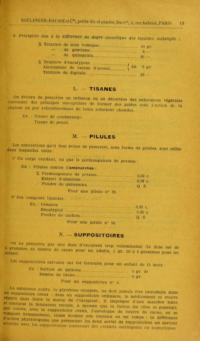 b. Précipités dus a la différence de degré alcoolique des liquides mélangés : % Teinture de noix vomique — de gentiane — de quinquina % Teinture d’eucalyptus Alcoolature de racine d’aconit. Teinture de digitale L. — TISANES On évitera de prescrire en infusion ou en décoction des contenant des principes susceptibles de former des gelées chaleur ou par refroidissement de leurs solutions chaudes. Ex. : Tisane de condurango. Tisane de persil. 10 gr. 5 — 20 - 5 gr. 10 — substances végétales sous l’action de la M. — PILULES Les associations qu’il faut éviter de prescrire, sous forme de dans lesquelles entre : pilules, sont celles 1 Un corps oxydant, tel que le permanganate de potasse : Ex. : Pilules contre l’aménorrhée : % Permanganate de potasse ( Extrait d’absinthe . C . Poudre de quinquina ^ Pour une pilule n“ 20. 2* Des composés liquides ; Ex. ; Créosote Eucalyptol Poudre de cachou Pour une pilule n’ 50. 0.05 c. 0,05 c. Q. S. N. — SUPPOSITOIRES 4 gïmmes^T beurrJ^'rir d’excipient trop volumineuse (la dose est de Les suppositoires suivants ont été formulés, pour un enfant de 15 mois : Ex. : Sulfate de quinine 0 gr. 20 Beurre de cacao g gp Pour un suppositoire n” 2. exceptée, ne doit jamais être introduite dans réparti dans toute la ’ suppositoire ordinaire, le médicament se trouve et continue 1.,*^ l’excipient; il imprègne d’une manière lente ^ar contre ^ du cône se poursuit rompant h^uJ creux, l’enveloppe de beurre de cacao, en se Son uhvTr™'’’ en un temps : la différence sen'^ible présentent les deux sortes de suppositoires est surtout sensible avec les suppositoires contenant des extraits astringents ou narcotiques