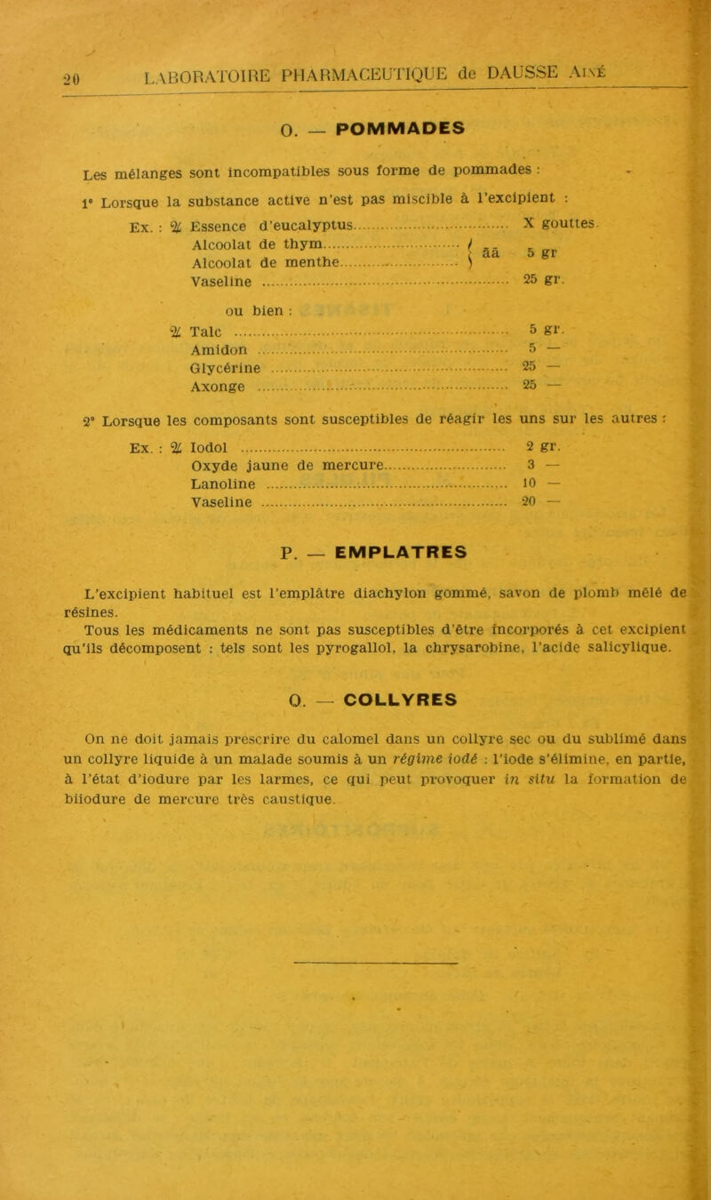O. — POMMADES Les mélanges sont incompatibles sous forme de pommades : !• Lorsque la substance active n’est pas miscible à l’excipient : Ex. : % Essence d’eucalyptus X gouttes. Alcoolat de thym ^ Alcoolat de menthe ) Vaseline 25 gr. ou bien : % Talc 5 gr. Amidon 5 — Glycérine 25 — Axonge 25 — tj > J. X ■ 'i * : ■» V, V 2° Lorsque les composants sont susceptibles de réagir les uns sur les autres r Ex. : % lodol 2 gr. Oxyde jaune de mercure 3 — r Lanoline 10 — < Vaseline 20 — P. — EMPLATRES L’excipient habituel est l’emplâtre diachylon gommé, savon de plomb mêlé de K résines. jl, Tous les médicaments ne sont pas susceptibles d’être incorporés à cet excipient jr qu’ils décomposent : tels sont les pyrogallol, la chrysarobine, l’acide sallcylique. > I O. — COLLYRES On ne doit jamais prescrire du calomel dans un collyre sec ou du sublimé dans . un collyre liquide à un malade soumis à un régime iodé ; l’iode s’élimine, en partie, • à l’état d’iodure par les larmes, ce qui peut provoquer in situ la formation de biiodure de mercure très caustique.