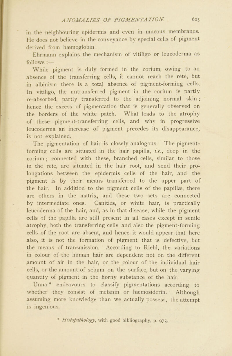 in the neighbouring epidermis and even in mucous membranes. He does not believe in the conveyance by special cells of pigment derived from haemoglobin. Ehrmann explains the mechanism of vitiligo or leucoderma as follows :— While pigment is duly formed in the corium, owing to an absence of the transferring cells, it cannot reach the rete, but in albinism there is a total absence of pigment-forming cells. In vitiligo, the untransferred pigment in the corium is partly re-absorbed, partly transferred to the adjoining normal skin ; hence the excess of pigmentation that is generally observed on the borders of the white patch. What leads to the atrophy of these pigment-transferring cells, and why in progressive leucoderma an increase of pigment precedes its disappearance, is not explained. The pigmentation of hair is closely analogous. The pigment- forming cells are situated in the hair papilla, t.e., deep in the corium ; connected with these, branched cells, similar to those in the rete, are situated in the hair root, and send their pro- longations between the epidermis cells of the hair, and the pigment is by their means transferred to the upper part of the hair. In addition to the pigment cells of the papillae, there are others in the matrix, and these two sets are connected by intermediate ones. Canities, or white hair, is practically leucoderma of the hair, and, as in that disease, while the pigment cells of the papilla are still present in all cases except in senile atrophy, both the transferring cells and also the pigment-forming cells of the root are absent, and hence it would appear that here also, it is not the formation of pigment that is defective, but the means of transmission. According to Riehl, the variations in colour of the human hair are dependent not on the different amount of air in the hair, or the colour of the individual hair cells, or the amount of sebum on the surface, but on the varying quantity of pigment in the horny substance of the hair. Unna * endeavours to classify pigmentations according to whether they consist of melanin or haemosiderin. Although assuming more knowledge than we actually possess, the attempt IS ingenious. * Histopathology^ with good bibliography, p. 975.