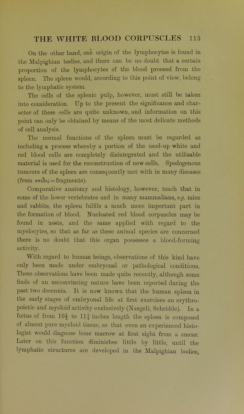 On the other hand, one origin of the lymphocytes is found in the Malpighian bodies, and there can be no doubt that a certain Proportion of the lymphocytes of the blood proceed front the spieen. The spieen would, according to this point of view, belong to the lymphatic System. The cells of the splenic pulp, however, must still be taken into consideration. Up to the present the significance and char- acter of these cells are quite unknown, and Information on this point can only be obtained by means of the most delicate methods of cell analysis. The normal functions of the spieen must be regarded as including a process whereby a portion of the used-up white and red blood cells are completely disintegrated and the utilisable material is used for the reconstruction of new cells. Spodogenous tumours of the spieen are consequently met with in many diseases (from atroiog = fragments). Comparative anatomy and histology, however, teacli that in some of the lower vertebrates and in many mammalians, e.g. mice and rabbits, the spieen fulfils a much more important part in the formation of blood. Nucleated red blood corpuscles may be found in nests, and the same applied with regard to the myelocytes, so that as far as these animal species are concerned there is no doubt that this organ possesses a blood-forming activity. With regard to human beings, observations of this kind have only been made under embryonal or pathological conditions. These observations have been made quite recently, although some finds of an unconvincing nature have been reported during the past two decennia. It is now known that the human spieen in the early stages of embryonal life at first exercises an erythro- poietic and myeloid activity exclusively (Naegeli, Schridde). In a fcetus of from 10£ to llf inches length the spieen is composed of almost pure myeloid tissue, so that even an experienced histo- logist would diagnose boue marrow at first sight from a smear. Later on this function diminishes little by little, until the lymphatic structures are developed in the Malpighian bodies,