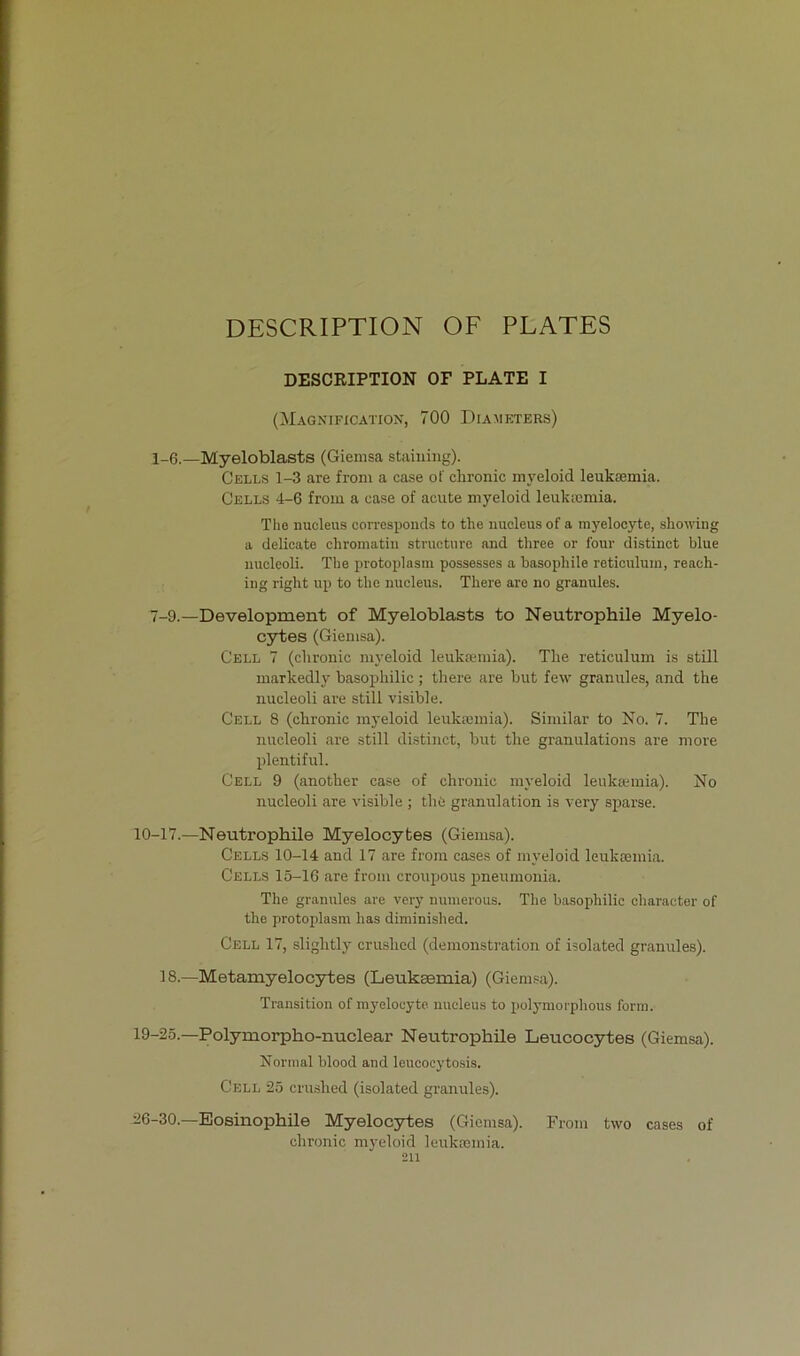 DESCRIPTION OF PLATE I (Magnification, 700 Diameters) 1-6.—Myeloblasts (Giemsa staining). Gells 1-3 are froni a case of chronic myeloid leuksemia. Gells 4-6 from a case of acute myeloid leuksemia. The nucleus corresponds to the nucleus of a myelocyte, showing a delicate chromatin structure and tliree or four distinct blue nucleoli. The protoplasm possesses a basophile reticulum, reach- ing right up to the nucleus. There are no granules. 7-9.—Development of Myeloblasts to Neutrophile Myelo- cytes (Giemsa). Cell 7 (chronic myeloid leuksemia). The reticulum is still markedly basophilic ; there are but few granules, and the nucleoli are still visible. Cell 8 (chronic myeloid leuksemia). Similar to No. 7. The nucleoli are still distinct, but the granulations are more plentiful. Cell 9 (another case of chronic myeloid leuksemia). No nucleoli are visible ; the granulation is very sparse. 10-17.—Neutrophile Myelocytes (Giemsa). Cells 10-14 and 17 are from cases of myeloid leuksemia. Cells 15-16 are from croupous pneumonia. The granules are very numerous. The basophilic character of the protoplasm has diminislied. Cell 17, slightly cruslicd (demonstration of isolated granules). 18.—Metamyelocytes (Leuksemia) (Giemsa). Transition of myelocyte. nucleus to polymorplious form. 19-25.—Polymorpho-nuclear Neutrophile Leucocytes (Giemsa). Normal blood and leucocytosis. Cell 25 crushed (isolated granules). 26-30.—Eosinophile Myelocytes (Giemsa). From two cases of chronic myeloid leuksemia.
