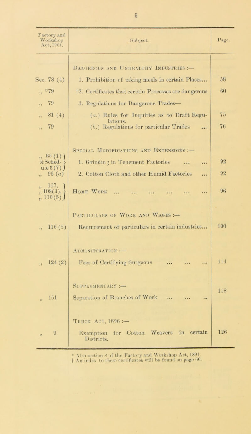 Factory and Workshop Act, 1901. Subject. Page. Dangerous and Unhealthy Industries:— Sec. 78 (4) 1. Prohibition of taking meals in certain Places... 58 „ °79 j*2. Certificates that certain Processes are dangerous GO „ 79 3. Regulations for Dangerous Trades— t-H O 00 t'- (</.) Rules for Inquiries as to Draft Regu- lations. (5.) Regulations for particular Trades ry rf 7 a 76 „ 88(1)) &Sched- > ule3(7)J » 98 (a) Special Modifications and Extensions :— 1. Grinding in Tenement Factories 2. Cotton Cloth and other Humid Factories 92 92 V 107, ) n 108(3), [ „ 110(5) j Home Work 96 Particulars of Work and Wages:— „ 116(5) Requirement of particulars in certain industries... 100 Administration :— ,, 124(2) Fees of Certifying Surgeons III «> I51 Supplementary :— Separation of Branches of Work 118 Truck Act, 1896 :— » 9 Exemption for Cotton Weavers in certain Districts. 126 * Also section K of the Factory and Workshop Act, 1891. f An index 1o these certificates will be found on page <10.