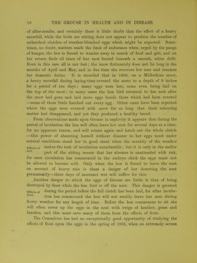 of after-results, and certainly there is little doubt that the effect of a heavy snowfall, while the birds are sitting, does not appear to produce the number of unhatched clutches of weather-bleached eggs which might be expected. Some- times, no doubt, matters reach the limit of endurance when, urged by the pangs of hunger, the hen is forced to wander away in search of food and grit, and on her return finds all trace of her nest buried beneath a smooth, white drift. Even in this case all is not lost; the snow fortunately does not lie long in the months of April and May, and in due time she recovers her nest and resumes her domestic duties. It is recorded that in 1908, on a Midlothian moor, a heavy snowfall during laying-time covered the nests to a depth of 9 inches for a period of ten days; many eggs were lost, some even being laid on the top of the snow; in many cases the hen bird returned to her nest after the snow had gone and laid more eggs beside those which had been covered —some of these birds hatched out every egg. Other cases have been reported where the eggs were covered with snow for so long that their colouring matter had disappeared, and yet they produced a healthy brood. From observations made upon Grouse in captivity it appears that during the period of incubation the hen will often leave her nest for several days at a time, for no apparent reason, and will return again and hatch out the whole clutch —this power of absenting herself without disaster to her eggs must under natural conditions stand her in good stead when the severity of the weather Effects of Makes the task of incubation unendurable ; but it is only in the earlier part of the sitting season that her absence is unattended with risk, for once circulation has commenced in the embryo chick the eggs must not be allowed to become cold. Only when the hen is forced to leave the nest on account of heavy rain is there a danger of her deserting the nest permanently—three days of incessant wet will suffice for this. Another danger to which the eggs of Grouse are liable is that of being destroyed by frost while the hen bird is off the nest. This danger is greatest Effects of during the period before the full clutch has been laid, for after incuba- tion has commenced the hen will not readily leave her nest during frosty weather for any length of time. Before the hen commences to sit she will often cover up the eggs in the nest with twigs of heather, grass and bracken, and this must save many of them from the effects of frost. The Committee has had an exceptionally good opportunity of studying the effects of frost upon the eggs in the spring of 1908, when an extremely severe