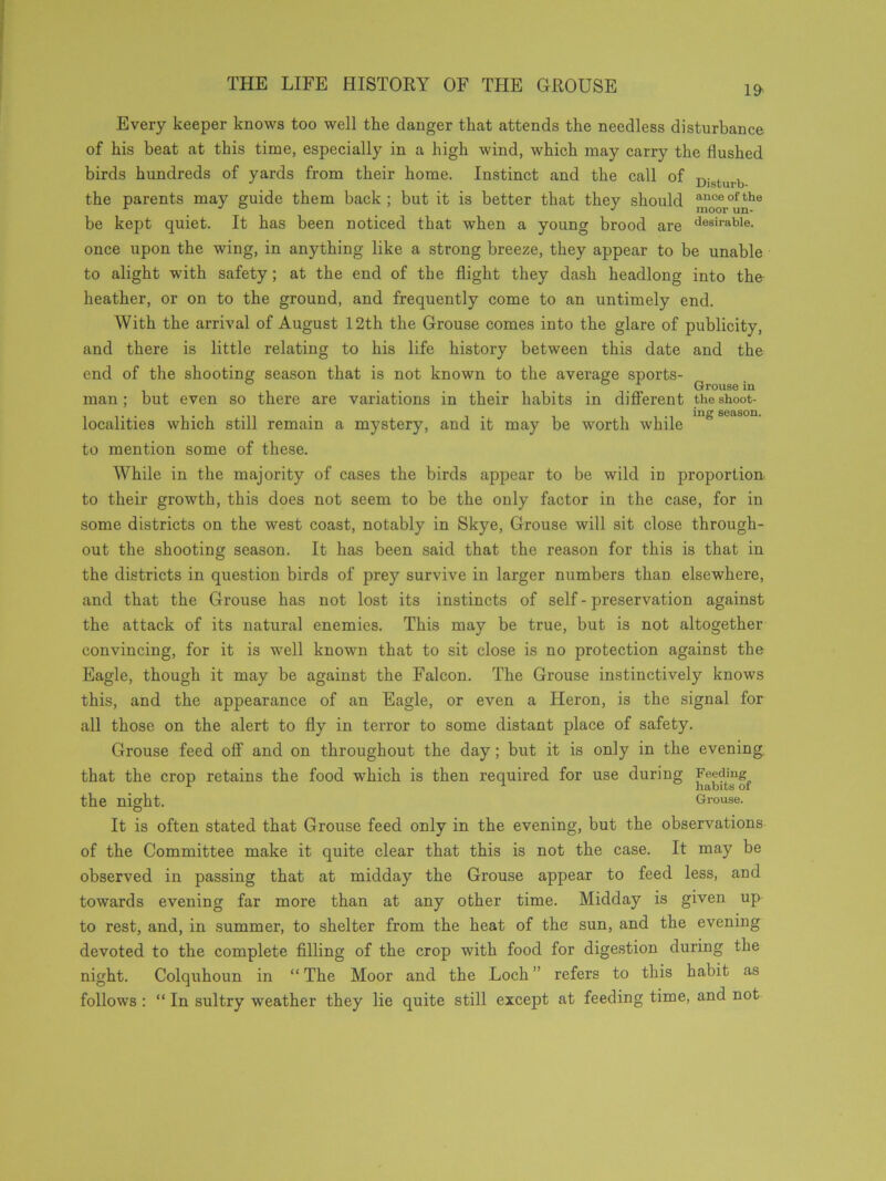 Every keeper knows too well the clanger that attends the needless disturbance of his beat at this time, especially in a high wind, which may carry the flushed birds hundreds of yards from their home. Instinct and the call of Disturl) the parents may guide them back; but it is better that they should “oe®r°fthe be kept quiet. It has been noticed that when a young brood are desirabie. once upon the wing, in anything like a strong breeze, they appear to be unable to alight with safety; at the end of the flight they dash headlong into the heather, or on to the ground, and frequently come to an untimely end. With the arrival of August 12th the Grouse comes into the glare of publicity, and there is little relating to his life history between this date and the end of the shooting season that is not known to the average sports- ... . . . ° , Grouse in man; but even so there are variations in their habits in different the shoot- . . . . ing season. localities which still remain a mystery, and it may be worth while to mention some of these. While in the majority of cases the birds appear to be wild in proportion to their growth, this does not seem to be the only factor in the case, for in some districts on the west coast, notably in Skye, Grouse will sit close through- out the shooting season. It has been said that the reason for this is that in the districts in question birds of prey survive in larger numbers than elsewhere, and that the Grouse has not lost its instincts of self - preservation against the attack of its natural enemies. This may be true, but is not altogether convincing, for it is well known that to sit close is no protection against the Eagle, though it may be against the Falcon. The Grouse instinctively knows this, and the appearance of an Eagle, or even a Heron, is the signal for all those on the alert to fly in terror to some distant place of safety. Grouse feed off and on throughout the day; but it is only in the evening, that the crop retains the food which is then required for use during Feeding the night. Grouse. It is often stated that Grouse feed only in the evening, but the observations of the Committee make it quite clear that this is not the case. It may be observed in passing that at midday the Grouse appear to feed less, and towards evening far more than at any other time. Midday is given up to rest, and, in summer, to shelter from the heat of the sun, and the evening devoted to the complete filling of the crop with food for digestion during the night. Colquhoun in “ The Moor and the Loch ” refers to this habit as follows : “ In sultry weather they lie quite still except at feeding time, and not