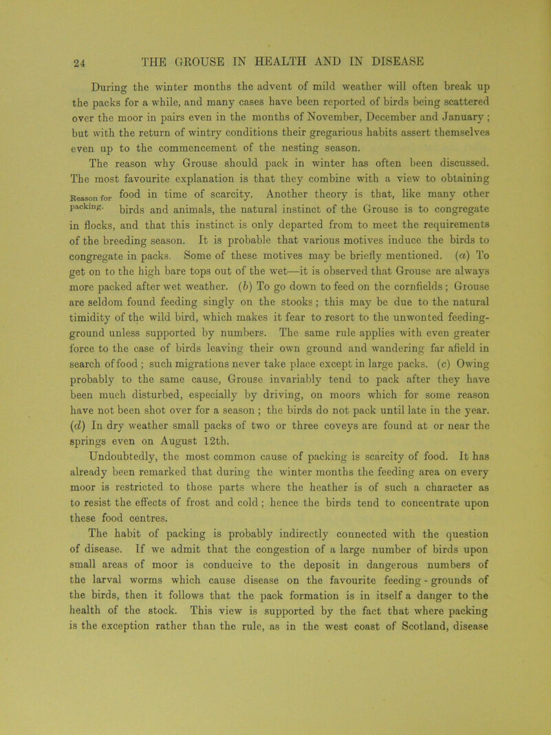 During the winter months the advent of mild weather will often break up the packs for a while, and many cases have been reported of birds being scattered over the moor in pairs even in the months of November, December and January ; but with the return of wintry conditions their gregarious habits assert themselves even up to the commencement of the nesting season. The reason why Grouse should pack in winter has often been discussed. The most favourite explanation is that they combine with a view to obtaining Reason for f°°d in time of scarcity. Another theory is that, like many other packing, birds and animals, the natural instinct of the Grouse is to congregate in flocks, and that this instinct is only departed from to meet the requirements of the breeding season. It is probable that various motives induce the birds to congregate in packs. Some of these motives may be briefly mentioned, (a) To get on to the high bare tops out of the wet—it is observed that Grouse are always more packed after wet weather. (b) To go down to feed on the cornfields ; Grouse are seldom found feeding singly on the stooks; this may be due to the natural timidity of the wild bird, which makes it fear to resort to the unwonted feeding- ground unless supported by numbers. The same rule applies with even greater force to the case of birds leaving their own ground and wandering far afield in search of food ; such migrations never take place except in large packs, (c) Owing probably to the same cause, Grouse invariably tend to pack after they have been much disturbed, especially by driving, on moors which for some reason have not been shot over for a season ; the birds do not pack until late in the year. (d) In dry weather small packs of two or three coveys are found at or near the springs even on August 12th. Undoubtedly, the most common cause of packing is scarcity of food. It has already been remarked that during the winter months the feeding area on every moor is restricted to those parts where the heather is of such a character as to resist the effects of frost and cold; hence the birds tend to concentrate upon these food centres. The habit of packing is probably indirectly connected with the question of disease. If we admit that the congestion of a large number of birds upon small areas of moor is conducive to the deposit in dangerous numbers of the larval worms which cause disease on the favourite feeding - grounds of the birds, then it follows that the pack formation is in itself a danger to the health of the stock. This view is supported by the fact that where packing is the exception rather than the rule, as in the west coast of Scotland, disease