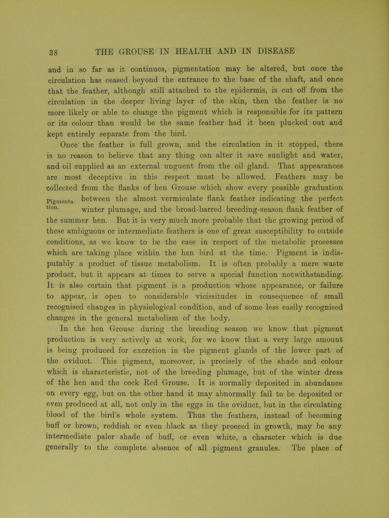 and in so far as it continues, pigmentation may be altered, but once the circulation has ceased beyond the entrance to the base of the shaft, and once that the feather, although still attached to the epidermis, is cut off from the circulation in the deeper living layer of the skin, then the feather is no more likely or able to change the pigment which is responsible for its pattern or its colour than would be the same feather had it been plucked out and kept entirely separate from the bird. Once the feather is full grown, and the circulation in it stopped, there is no reason to believe that any thing can alter it save sunlight and water, and oil supplied as an external unguent from the oil gland. That appearances are most deceptive in this respect must be allowed. Feathers may be collected from the flanks of hen Grouse which show every possible graduation Pigmenta- between the almost vermiculate flank feather indicating the perfect tl0u' winter plumage, and the broad-barred breeding-season flank feather of the summer hen. But it is very much more probable that the growing period of these ambiguous or intermediate feathers is one of great susceptibility to outside conditions, as we know to be the case in respect of the metabolic processes which are taking place within the hen bird at the time. Pigment is indis- putably a product of tissue metabolism. It is often probably a mere waste product, but it appears at times to serve a special function notwithstanding. It is also certain that pigment is a production whose appearance, or failure to appear, is open to considerable vicissitudes in consequence of small recognised changes in physiological condition, and of some less easily recognised changes in the general metabolism of the body. In the hen Grouse during the breeding season we know that pigment production is very actively at work, for we know that a very large amount is being produced for excretion in the pigment glands of the lower part of the oviduct. This pigment, moreover, is precisely of the shade and colour which is characteristic, not of the breeding plumage, but of the winter dress of the hen and the cock Red Grouse. It is normally deposited in abundance on every egg, but on the other hand it may abnormally fail to be deposited or even produced at all, not only in the eggs in the oviduct, but in the circulating blood of the bird’s whole system. Thus the feathers, instead of becoming buff or brown, reddish or even black as they proceed in growth, may be any intermediate paler shade of buff, or even white, a character which is due generally to the complete absence of all pigment granules. The place of