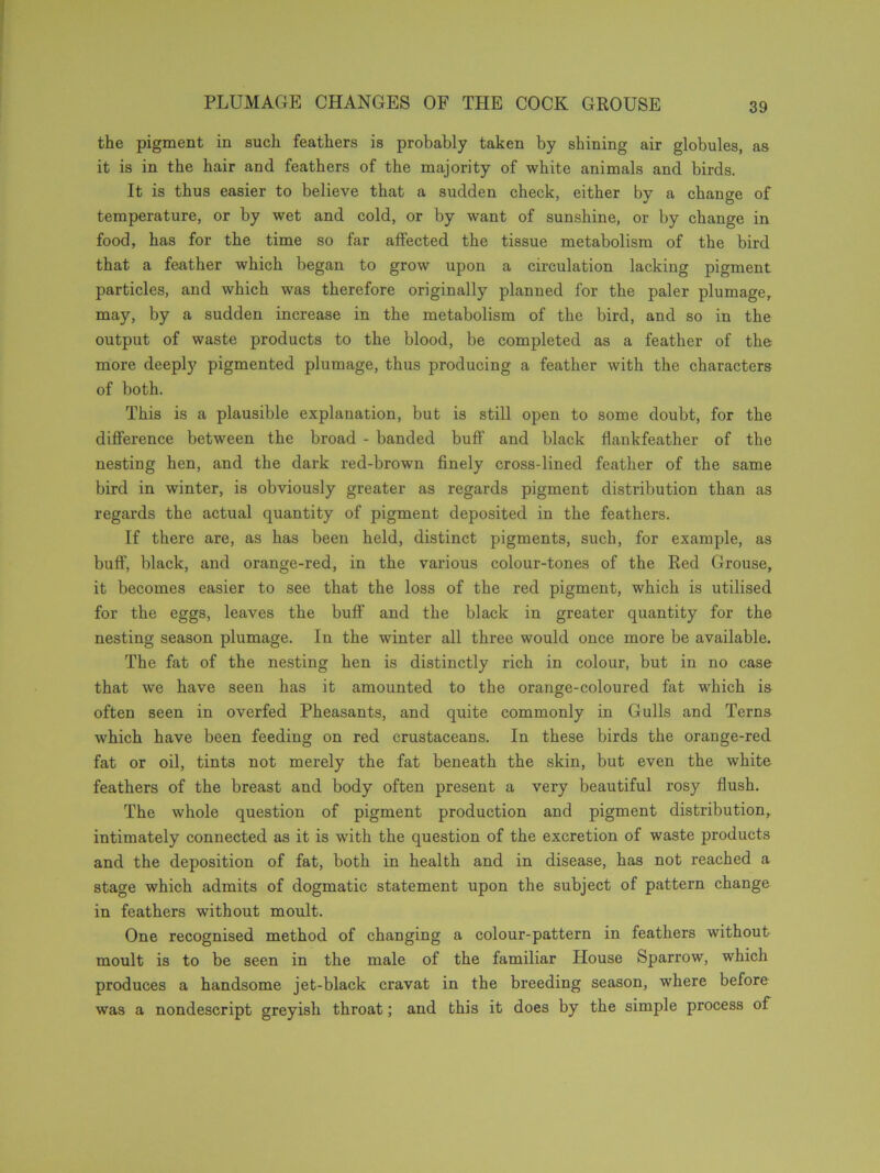 the pigment in such feathers is probably taken by shining air globules, as it is in the hair and feathers of the majority of white animals and birds. It is thus easier to believe that a sudden check, either by a change of temperature, or by wet and cold, or by want of sunshine, or by change in food, has for the time so far affected the tissue metabolism of the bird that a feather which began to grow upon a circulation lacking pigment particles, and which was therefore originally planned for the paler plumage, may, by a sudden increase in the metabolism of the bird, and so in the output of waste products to the blood, be completed as a feather of the more deeply pigmented plumage, thus producing a feather with the characters of both. This is a plausible explanation, but is still open to some doubt, for the difference between the broad - banded buff and black flankfeather of the nesting hen, and the dark red-brown finely cross-lined feather of the same bird in winter, is obviously greater as regards pigment distribution than as regards the actual quantity of pigment deposited in the feathers. If there are, as has been held, distinct pigments, such, for example, as buff, black, and orange-red, in the various colour-tones of the Red Grouse, it becomes easier to see that the loss of the red pigment, which is utilised for the eggs, leaves the buff and the black in greater quantity for the nesting season plumage. In the winter all three would once more be available. The fat of the nesting hen is distinctly rich in colour, but in no case that we have seen has it amounted to the orange-coloured fat which is often seen in overfed Pheasants, and quite commonly in Gulls and Terns which have been feeding on red crustaceans. In these birds the orange-red fat or oil, tints not merely the fat beneath the skin, but even the white feathers of the breast and body often present a very beautiful rosy flush. The whole question of pigment production and pigment distribution, intimately connected as it is with the question of the excretion of waste products and the deposition of fat, both in health and in disease, has not reached a stage which admits of dogmatic statement upon the subject of pattern change in feathers without moult. One recognised method of changing a colour-pattern in feathers without moult is to be seen in the male of the familiar House Sparrow, which produces a handsome jet-black cravat in the breeding season, where before was a nondescript greyish throat; and this it does by the simple process of
