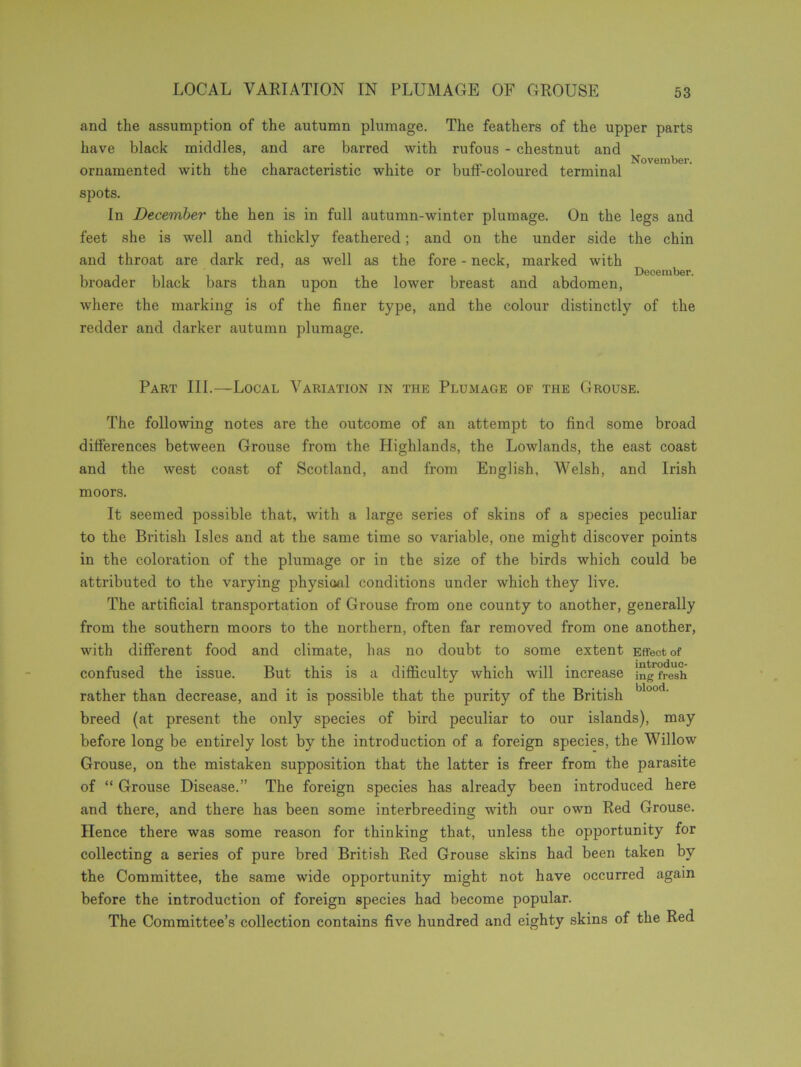 November. and the assumption of the autumn plumage. The feathers of the upper parts have black middles, and are barred with rufous - chestnut and ornamented with the characteristic white or buff-coloured terminal spots. In December the hen is in full autumn-winter plumage. On the legs and feet she is well and thickly feathered; and on the under side the chin and throat are dark red, as well as the fore - neck, marked with broader black bars than upon the lower breast and abdomen, where the marking is of the finer type, and the colour distinctly of the redder and darker autumn plumage. December. Part III.—Local Variation in the Plumage of the Grouse. The following notes are the outcome of an attempt to find some broad differences between Grouse from the Highlands, the Lowlands, the east coast and the west coast of Scotland, and from English, Welsh, and Irish moors. It seemed possible that, with a large series of skins of a species peculiar to the British Isles and at the same time so variable, one might discover points in the coloration of the plumage or in the size of the birds which could be attributed to the varying physical conditions under which they live. The artificial transportation of Grouse from one county to another, generally from the southern moors to the northern, often far removed from one another, with different food and climate, has no doubt to some extent Effect of confused the issue. But this is a difficulty which will increase ing fresh rather than decrease, and it is possible that the purity of the British blood- breed (at present the only species of bird peculiar to our islands), may before long be entirely lost by the introduction of a foreign species, the Willow Grouse, on the mistaken supposition that the latter is freer from the parasite of “ Grouse Disease.” The foreign species has already been introduced here and there, and there has been some interbreeding with our own Red Grouse. Hence there was some reason for thinking that, unless the opportunity for collecting a series of pure bred British Red Grouse skins had been taken by the Committee, the same wide opportunity might not have occurred again before the introduction of foreign species had become popular. The Committee’s collection contains five hundred and eighty skins of the Red
