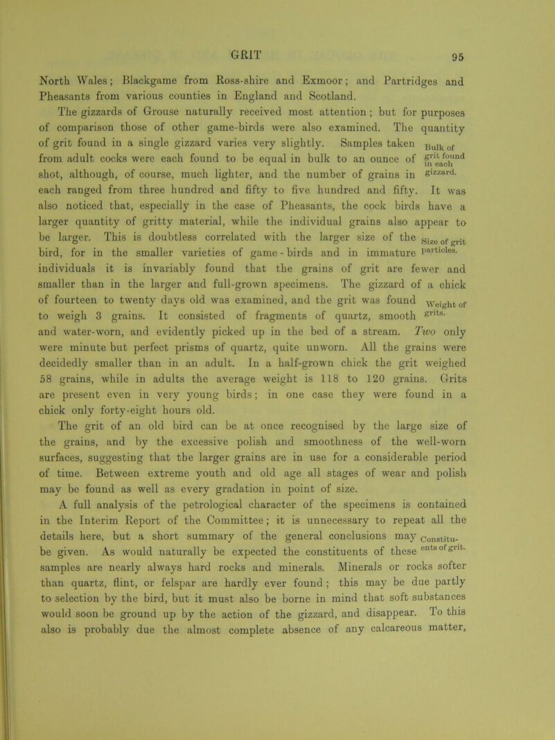 North Wales; Blackgame from Ross-shire and Exmoor; and Partridges and Pheasants from various counties in England and Scotland. The gizzards of Grouse naturally received most attention ; but for purposes of comparison those of other game-birds were also examined. The quantity of grit found in a single gizzard varies very slightly. Samples taken Bulkof from adult cocks were each found to be equal in bulk to an ounce of j^ea^BIld shot, although, of course, much lighter, and the number of grains in eizzard- each ranged from three hundred and fifty to five hundred and fifty. It was also noticed that, especially in the case of Piieasants, the cock birds have a larger quantity of gritty material, while the individual grains also appear to be larger. This is doubtless correlated with the larger size of the size of grit bird, for in the smaller varieties of game - birds and in immature Partlclea- individuals it is invariably found that the grains of grit are fewer and smaller than in the larger and full-grown specimens. The gizzard of a chick of fourteen to twenty days old was examined, and the grit was found weight of to weigh 3 grains. It consisted of fragments of quartz, smooth grits- and water-worn, and evidently picked up in the bed of a stream. Two only were minute but perfect prisms of quartz, quite unworn. All the grains were decidedly smaller than in an adult. In a half-grown chick the grit weighed 58 grains, while in adults the average weight is 118 to 120 grains. Grits are present even in very young birds; in one case they were found in a chick only forty-eight hours old. The grit of an old bird can be at once recognised by the large size of the grains, and by the excessive polish and smoothness of the well-worn surfaces, suggesting that the larger grains are in use for a considerable period of time. Between extreme youth and old age all stages of wear and polish may be found as well as every gradation in point of size. A full analysis of the petrological character of the specimens is contained in the Interim Report of the Committee; it is unnecessary to repeat all the details here, but a short summary of the general conclusions may constitu- be given. As would naturally be expected the constituents of these entsofsut- samples are nearly always hard rocks and minerals. Minerals or rocks softer than quartz, flint, or felspar are hardly ever found ; this may be due partly to selection by the bird, but it must also be borne in mind that soft substances would soon be ground up by the action of the gizzard, and disappear. To this also is probably due the almost complete absence of any calcareous matter,