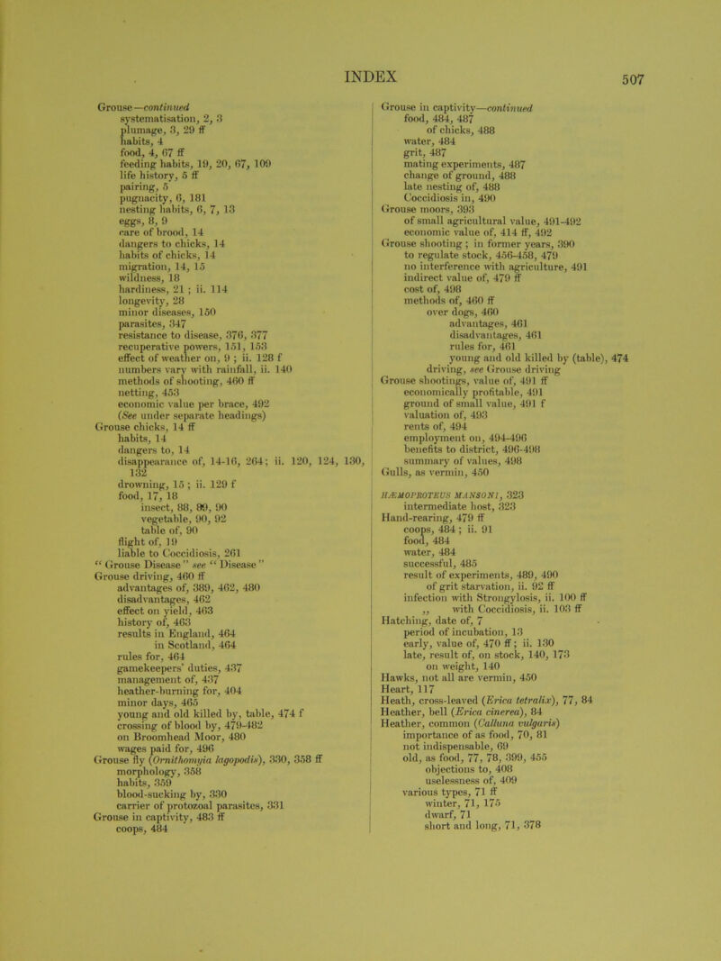 Grouse —contin ued systematisation, 2, 3 plumage, 3, 29 ff habits, 4 food, 4, 67 ff feeding habits, 19, 20, 67, 109 life history, 5 ff pairing, 5 pugnacity, 6, 181 nesting habits, 6, 7, 13 eggs, 8, 9 care of brood, 14 dangers to chicks, 14 habits of chicks, 14 migration, 14, 15 wildness, 18 hardiness, 21 ; ii. 114 longevity, 28 minor diseases, 150 parasites, 347 resistance to disease, 376, 377 recuperative powers, 151, 153 effect of weather on, 9 ; ii. 128 f numbers vary with rainfall, ii. 140 methods of shooting, 460 ff netting, 453 economic value per brace, 492 (See under separate headings) Grouse chicks, 14 ff habits, 14 dangers to, 14 disappearance of, 14-16, 264; ii. 120, 124, 130, 132 drowning, 15 ; ii. 129 f food, 17, 18 insect, 88, 89, 90 vegetable, 90, 92 table of, 90 flight of, 19 liable to Coccidiosis, 261 “ Grouse Disease ” see “ Disease ” Grouse driving, 460 ff advantages of, 389, 462, 480 disadvantages, 462 effect on yield, 463 history of, 463 results in England, 464 in Scotland, 464 rules for, 464 gamekeepers’ duties, 437 management of, 437 heather-burning for, 404 minor days, 465 young and old killed by, table, 474 f crossing of blood by, 479-482 on Broomhead Moor, 480 wages paid for, 496 Grouse fly (Omithomyia lagopodix), 330, 358 ff morphology, 358 habits, 359 blood-sucking by, 330 carrier of protozoal parasites, 331 Grouse in captivity, 483 ff coops, 484 [ Grouse in captivity—continued food, 484, 487 of chicks, 488 water, 484 grit, 487 mating experiments, 487 change of ground, 488 late nesting of, 488 Coccidiosis in, 490 Grouse moors, 393 of small agricultural value, 491-492 economic value of, 414 ff, 492 | Grouse shooting ; in former years, 390 to regulate stock, 456-458, 479 no interference with agriculture, 491 indirect value of, 479 ff cost of, 498 methods of, 460 ff over dogs, 460 advantages, 461 disadvantages, 461 rules for, 461 young and old killed by (table), 474 driving, -tee Grouse driving Grouse shootings, value of, 491 ff economically profitable, 491 ground of small value, 491 f valuation of, 493 rents of, 494 employment on, 494-496 benefits to district, 496-498 summary of values, 498 Gulls, as vermin, 450 II/KMOI'ROTEUS MANS0NI, 323 intermediate host, 323 Hand-rearing, 479 ff coops, 484 ; ii. 91 food, 484 water, 484 successful, 485 result of experiments, 489, 490 of grit starvation, ii. 92 ff infection with Strongylosis, ii. 100 ff ,, with Coccidiosis, ii. 103 ff Hatching, date of, 7 period of incubation, 13 early, value of, 470 ff; ii. 130 late, result of, on stock, 140, 173 on weight, 140 Hawks, not all are vermin, 450 Heart, 117 Heath, cross-leaved (Ericu tetralix), 77, 84 Heather, bell (Erica cinerea), 84 Heather, common (Galluna vulgaris) importance of as food, 70, 81 not indispensable, 69 old, as food, 77, 78, 399, 455 objections to, 408 uselessness of, 409 various types, 71 ff winter, 71, 175 dwarf, 71 short and long, 71, 378