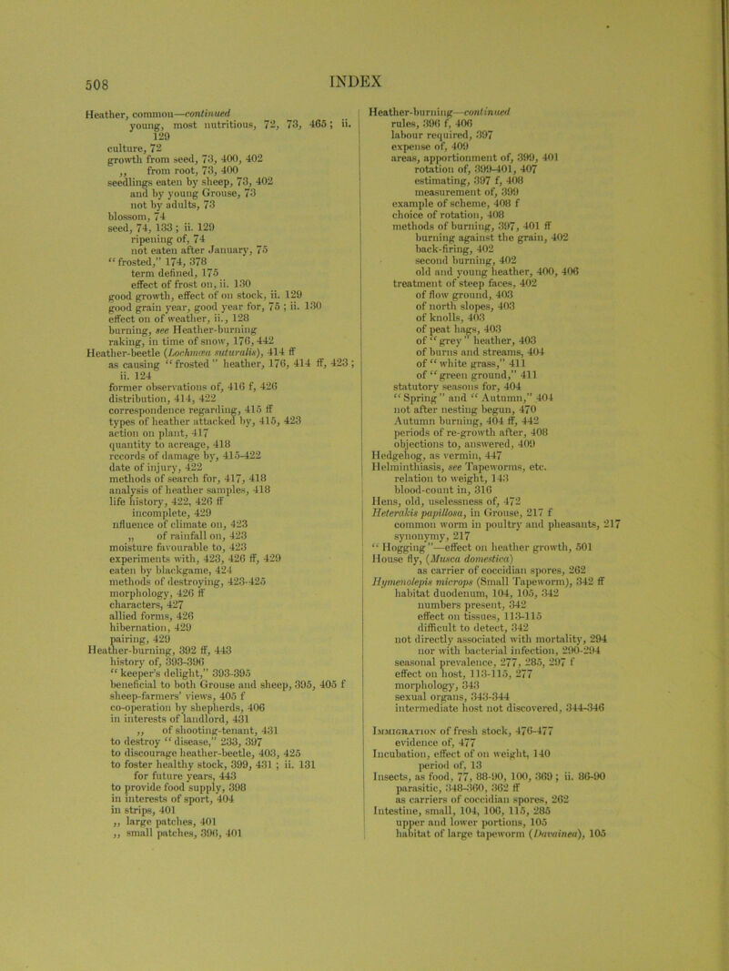 Heather, common—continued young, most nutritious, 72, 73, 465; ii. 129 culture, 72 growth from seed, 73, 400, 402 „ from root, 73, 400 seedlings eaten by sheep, 73, 402 and by young Grouse, 73 not by adults, 73 blossom, 74 seed, 74, 133 ; ii. 129 ripening of, 74 not eaten after January, 75 “ frosted,” 174, 378 term defined, 175 effect of frost on, ii. 130 good growth, effect of on stock, ii. 129 good grain year, good year for, 75 ; ii. 130 effect on of weather, ii., 128 burning, see Heather-burning raking, in time of snow, 176,442 Heather-beetle (Lonhmcea suturalu), 414 if as causing “ frosted ” heather, 176, 414 ff, 423 ; ii. 124 former observations of, 416 f, 426 distribution, 414, 422 correspondence regarding, 415 if types of heather attacked by, 415, 423 action on plant, 417 quantity to acreage, 418 records of damage by, 415-422 date of injury, 422 methods of search for, 417, 418 analysis of heather samples, 418 life history, 422, 426 ff incomplete, 429 nflueuee of climate on, 423 „ of rainfall on, 423 moisture favourable to, 423 experiments with, 423, 426 ff, 429 eaten by blackgame, 424 methods of destroying, 423-425 morphology, 426 If characters, 427 allied forms, 426 hibernation, 429 pairing, 429 Heather-burning, 392 ff, 443 history of, 393-396 “ keeper’s delight,” 393-395 beneficial to both Grouse and sheep, 395, 405 f sheep-farmers’ views, 405 f co-operation by shepherds, 406 in interests of landlord, 431 „ of shooting-tenant, 431 to destroy “ disease,” 233, 397 to discourage heather-beetle, 403, 425 to foster healthy stock, 399, 431 ; ii. 131 for future years, 443 to provide food supply, 398 in interests of sport, 404 in strips, 401 ,, large patches, 401 ,, small patches, 396, 401 Heather- bu rn i i ig—coni in ued rules, 396 f, 406 labour required, 397 expense of, 409 areas, apportionment of, 39!), 401 rotation of, 399-401, 407 estimating, 397 f, 408 measurement of, 399 example of scheme, 408 f choice of rotation, 408 methods of burning, 397, 401 ff burning against the grain, 402 back-firing, 402 second burning, 402 old and young heather, 400, 406 treatment of steep faces, 402 of flow ground, 403 of north slopes, 403 of knolls, 403 of peat hags, 403 of “ grey ” heather, 403 of burns and streams, 404 of “ white grass,” 411 of “ green ground,” 411 statutory seasons for, 404 “ Spring” and “ Autumn,” 404 not after nesting begun, 470 Autumn burning, 404 if, 442 periods of re-growth after, 408 objections to, answered, 409 Hedgehog, as vermin, 447 Helminthiasis, see Tapeworms, etc. relation to weight, 143 blood-count in, 316 Hens, old, uselessness of, 472 j Heterakis papillosa, in Grouse, 217 f common worm in poultry and pheasants, 217 synonymy, 217 “ Hogging”—effect on heather growth, 501 House fly, (Musca domestical) as carrier of coccidian spores, 262 Hymenolepis microps (Small Tapeworm), 342 ff habitat duodenum, 104, 105, 342 numbers present, 342 effect on tissues, 113-115 difficult to detect, 342 not directly associated with mortality, 294 nor with bacterial infection, 290-294 seasonal prevalence, 277, 285, 297 f effect on host, 113-115, 277 morphology, 343 sexual organs, 343-344 intermediate host not discovered, 344-346 Immigration of fresh stock, 476-477 evidence of, 477 Incubation, effect of on weight, 140 period of, 13 Insects, us food, 77, 88-90, 100, 369 ; ii. 86-90 parasitic, 8484160, 362 tf as carriers of coccidian spores, 262 Intestine, small, 104, 106, 115, 285 upper and lower portions, 105 habitat of large tapeworm (Davainea), 105