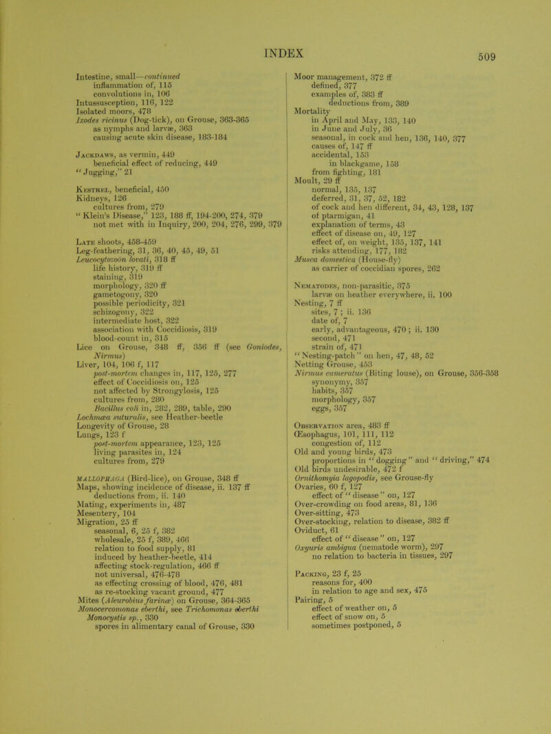 Intestine, small—continued inflammation of, 115 convolutions in, 106 Intussusception, 116, 122 Isolated moors, 478 Ixodes ricinus (Dog-tick), on Grouse, 363-365 as nymphs and larvae, 363 causing acute skin disease, 183-184 Jackdaws, as vermin, 449 beneficial effect of reducing, 449 “ Jugging,” 21 Kestrel, beneficial, 450 Kidneys, 126 cultures from, 279 “ Klein’s Disease,” 123, 188 ff, 194-200, 274, 379 not met with in Inquiry, 200, 204, 276, 299, 379 Late shoots, 458-459 Leg-feathering, 31, 36, 40, 45, 49, 51 Leucacytozoun lovati, 318 ff life history, 319 ff staining, 319 morphology, 320 ff gametogony, 320 possible periodicity, 321 schizogony, 322 intermediate host, 322 association with G'occidiosis, 319 blood-count in, 315 Lice on Grouse, 348 ff, 356 if (see Goniodes, Nirmus) Liver, 104, 106 f, 117 post-mortem changes in, 117, 125, 277 effect of Coccidiosis on, 125 not affected by Strongylosis, 125 cultures from, 280 Bacillus coli in, 282, 289, table, 290 Lochmcea suturalis, see Heather-beetle Longevity of Grouse, 28 Lungs, 123 f post-mortem appearance, 123, 125 living parasites in, 124 cultures from, 279 Ma LL0PHAGA (Bird-lice), on Grouse, 348 ff Maps, showing incidence of disease, ii. 137 ff deductions from, ii. 140 Mating, experiments in, 487 Mesentery, 104 Migration, 25 ff seasonal, 6, 25 f, 382 wholesale, 25 f, 389, 466 relation to food supply, 81 induced by heather-beetle, 414 affecting stock-regulation, 466 ff not universal, 476-478 as effecting crossing of blood, 476, 481 as re-stocking vacant ground, 477 Mites (Aleurobius farince) on Grouse, 364-365 Monocercomonas eberthi, see Trichomonas oberthi Monocystis sp., 330 spores in alimentary canal of Grouse, 330 Moor management, 372 ff defined, 377 examples of, 383 ff deductions from, 389 Mortality in April and May, 133, 140 in June and July, 36 seasonal, in cock and hen, 136, 140, 377 causes of, 147 ff accidental, 153 in blackgame, 158 from fighting, 181 Moult, 29 ff normal, 135, 137 deferred, 31, 37, 52, 182 of cock and lien different, 34, 43, 128, 137 of ptarmigan, 41 explanation of terms, 43 effect of disease on, 49, 127 effect of, on weight, 135, 137, 141 risks attending, 177, 182 Musca domestica (House-fly) as carrier of coccidian spores, 262 Nematodes, non-parasitic, 375 larvae on heather everywhere, ii. 100 Nesting, 7 ff sites, 7 ; ii. 136 date of, 7 early, advantageous, 470 ; ii. 130 second, 471 strain of, 471 “ Nesting-patch ” on hen, 47, 48, 52 Netting Grouse, 453 Nirmus cameratus (Biting louse), on Grouse, 356-358 synonymy, 357 habits, 357 morphology, 357 eggs, 357 Observation area, 483 ff (Esophagus, 101, 111, 112 congestion of, 112 Old and young birds, 473 proportions in “ dogging ” and “ driving, 474 Old birds undesirable, 472 f Omithomyia lagopodis, see Grouse-fly Ovaries, 60 f, 127 effect of “ disease ” on, 127 Over-crowding on food areas, 81, 136 Over-sitting, 473 Over-stocking, relation to disease, 382 ff Oviduct, 61 effect of “disease” on, 127 Oxyuris ambigua (nematode worm), 297 no relation to bacteria in tissues, 297 Backing, 23 f, 25 reasons for, 400 in relation to age and sex, 475 Pairing, 5 effect of weather on, 5 effect of snow on, 5 sometimes postponed, 5