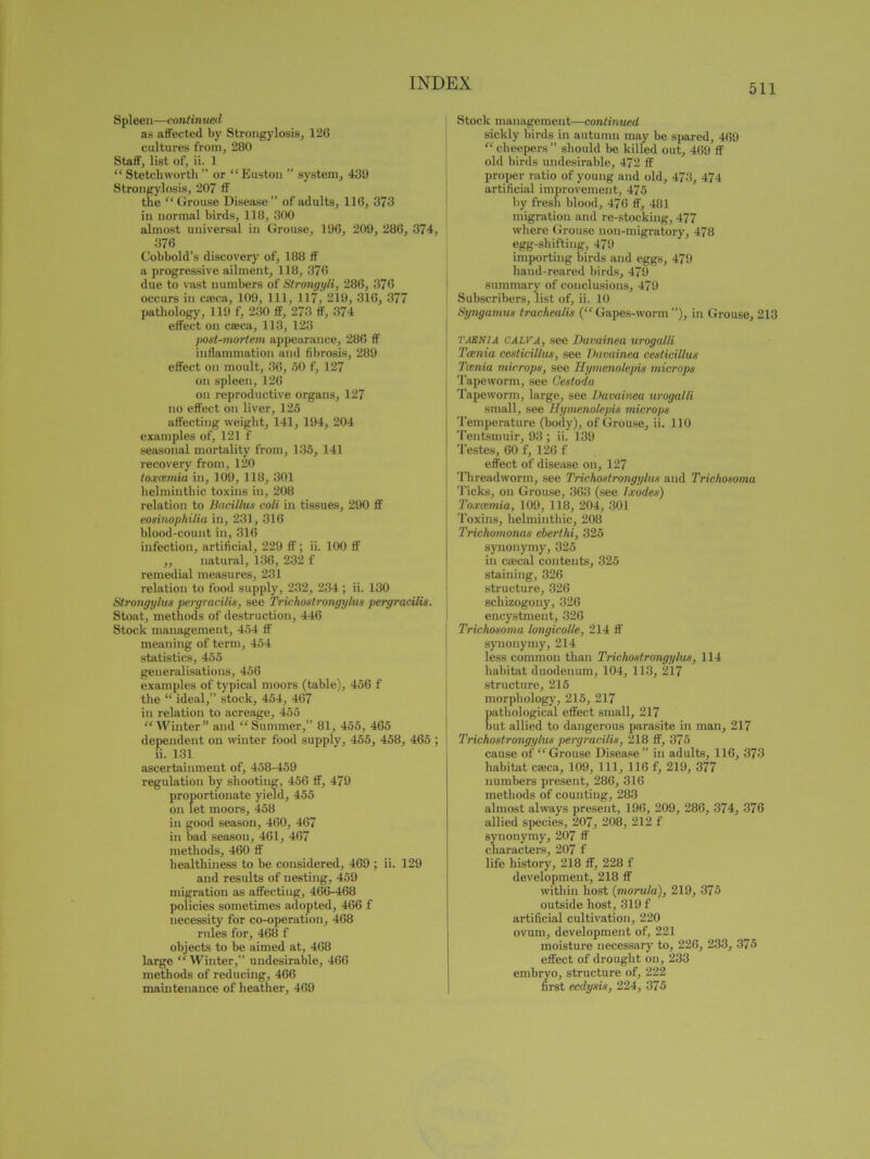 Spleen—contin tied as affected by Strongylosis, 126 cultures from, 280 Staff, list of, ii. 1 “ Stetcliworth ” or “Euston ” system, 439 Strongylosis, 207 if the “Grouse Disease” of adults, 116, 373 in normal birds, 118, 300 almost universal in Grouse, 196, 209, 286, 374 376 Cobbold’s discovery of, 188 ff a progressive ailment, 118, 376 due to vast numbers of Strongyli, 286, 376 occurs in caeca, 109, 111, 117, 219, 316, 377 pathology, 119 f, 230 ff, 273 ff, 374 effect on caeca, 113, 123 post-mortem appearance, 286 ff inflammation and fibrosis, 289 effect on moult, 36, 50 f, 127 on spleen, 126 on reproductive organs, 127 no effect on liver, 125 affecting weight, 141, 194, 204 examples of, 121 f seasonal mortality from, 135, 141 recovery from, 120 toxcemia in, 109, 118, 301 helminthic toxins in, 208 relation to Bacillus coli in tissues, 290 ff eosinophilia in, 231, 316 blood-count in, 316 infection, artificial, 229 ff; ii. 100 ff ,, natural, 136, 232 f remedial measures, 231 relation to food supply, 232, 234 ; ii. 130 Strongylus pergracilis, see Trichostrongylus pergracilis. Stoat, methods of destruction, 446 Stock management, 454 ff meaning of term, 454 statistics, 455 generalisations, 456 examples of typical moors (table), 456 f the “ ideal,” stock, 454, 467 in relation to acreage, 455 “ Winter” and “ Summer,” 81, 455, 465 dependent on winter food supply, 455, 458, 465 ii. 131 ascertainment of, 458-459 regulation by shooting, 456 ff, 479 proportionate yield, 455 on let moors, 458 in good season, 460, 467 in bad season, 461, 467 methods, 460 ff healthiness to be considered, 469 ; ii. 129 and results of nesting, 459 migration as affecting, 466-468 policies sometimes adopted, 466 f necessity for co-operation, 468 rules for, 468 f objects to be aimed at, 468 large “ Winter,” undesirable, 466 methods of reducing, 466 maintenance of heather, 469 Stock management—continued sickly birds in autumn may be spared, 469 “ cheepers ” should be killed out, 469 ff old birds undesirable, 472 ff proper ratio of young and old, 473, 474 artificial improvement, 475 by fresh blood, 476 ff, 481 migration and re-stocking, 477 where Grouse noil-migratory, 478 egg-shifting, 479 importing birds and eggs, 479 hand-reared birds, 479 summary of conclusions, 479 Subscribers, list of, ii. 10 Syngamus trachealis (“ Gapes-worm ”), in Grouse, 213 taenia CALI'A, see Davainea urogalli Tania cesticillus, see Duvainea cesticillus Tasnia microps, see Hymenolepis interops Tapeworm, see Cestoda Tapeworm, large, see Duvainea urogalli small, see Hymenolepis microps Temperature (body), of Grouse, ii. 110 Tentsmuir, 93 ; ii. 139 Testes, 60 f, 126 f effect of disease on, 127 Threadworm, see Trichostrongylus and Trichosoma Ticks, on Grouse, 363 (see Ixodes) Toxcemia, 109, 118, 204, 301 Toxins, helminthic, 208 Trichomonas eberthi, 325 synonymy, 325 in ciecal contents, 325 staining, 326 structure, 326 schizogony, 326 encystment, 326 1 Trichosoma longicolle, 214 ff synonymy, 214 less common than Trichostrongylus, 114 habitat duodenum, 104, 113, 217 structure, 215 morphology, 215, 217 athological effect small, 217 ut allied to dangerous parasite in man, 217 Trichostrongylus pergracilis, 218 ff, 375 cause of “Grouse Disease” in adults, 116, 373 habitat creca, 109, 111, 116 f, 219, 377 numbers present, 286, 316 methods of counting, 283 almost always present, 196, 209, 286, 374, 376 allied species, 207, 208, 212 f synonymy, 207 ff characters, 207 f life history, 218 ff, 228 f development, 218 ff within host {morula), 219, 375 outside host, 319 f artificial cultivation, 220 ovum, development of, 221 moisture necessary to, 226, 233, 375 effect of drought on, 233 embryo, structure of, 222 first eedysis, 224, 375