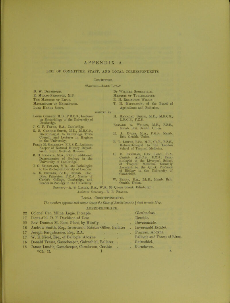 APPENDIX A. LIST OF COMMITTEE, STAFF, AND LOCAL CORRESPONDENTS. Committee. Chairman—Lord Lovat. D. W. Drummond. R. Munro-Ferguson, M.P. The Marquis of Ripon. Mackintosh of Mackintosh. Lord PIenrt Scott. Dr William Somerville. Marquis of Tullibardine. R. H. Rimington Wilson. T. H. Middleton, of the Board of Agriculture and Fisheries. ASSISTED by Louis Cobbett, M.D., F.R.C.S., Lecturer on Bacteriology to the University of Cambridge. J. C. F. Fryer, B.A., Cambridge. G. S. Graham-Smith, M.D., M.R.C.S., Bacteriologist to Cambridge Town Council, and Lecturer in Hygiene in the University. Percy H. Grimshaw, F.R.S.E., Assistant Keeper of Natural History Depart- ment, Royal Scottish Museum. R. H. Rastall, M.A., F.G.S., additional Demonstrator of Geology in the University of Cambridge. C. G. Seligmann, M.B., late Pathologist to the Zoological Society of London. A. E. Shipley, Sc.D., Cantab., Hon. D.Sc. Princeton, F.R.S., Master of Christ’s College, Cambridge, and Reader in Zoology in the University. Secretary—A. S. Leslie, B.A.. H. Hammond Smith, M.D., M.R.C.S., L.R.C.P., F.Z.S. Edward A. Wilson, M.B., F.Z.S., Memb. Brit. Ornitli. Union. H. A. Evans, M.A., F.Z.S., Memb. Brit. Ornitli. Union. R. T. Leiper, B.So., M.B., Ch.B., F.Z.S., Helminthologist to the London School of Tropical Medicine. H. B. Fantham, D.Sc. Lond., B.A. Cantab., A.R.C.S., F.Z.S., Para- sitologist to the Liverpool School of Tropical Medicine, formerly Assistant to the Quick Professor of Biology in the University of Cambridge. Memb. Brit. W. Berry, B.A., LL.B., Ornitli. Union. W.S., 33 Queen Street, Edinburgh. Assistant Secretary—R. B. Fraser. 22 17 22 16 17 17 16 16 Local Correspondents. The numbers opposite each name denote the Sheet of Bartholomew's A inch to mile Map. ABERDEENSHIRE. Colonel Geo. Milne, Logie, Pitcaple . Lieut.-Col. 1). F. Davidson of Dess . Rev. Duncan M. Ross, Glass, by Huntly Andrew Smith, Esq., Invereauld Estates Office, Ballater Joseph Farquharson, Esq., R.A. W. E. Nicol, Esq., of Ballogie, Aboyne Donald Fraser, Gamekeeper, Gairnshiel, Ballater . James Lundie, Gamekeeper, Corndavon, Crathie VOL. II. 1 Glenbuehat. Deeside. Deveronside. Invereauld Estates. Finzean, Aboyne. Ballogie and Forest of Birse. Gairnshiel. Corndavon. A