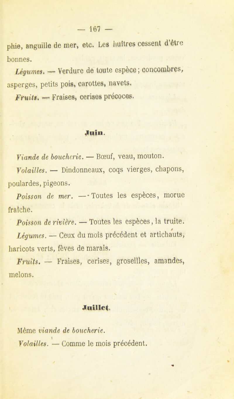 phie, anguille de mer, etc. Les huîtres cessent dêtie bonnes. Légumes. — Verdure de toute espèce ; concombres, asperges, petits pois, carottes, navets. Fruits. — Fraises, cerises précoces. JIniu. Viande de boucherie. — Bœuf, veau, mouton. Volailles. — Dindonneaux, coqs vierges, chapons, poulardes, pigeons. Poisson de mer. —-Toutes les espèces, morue fraîche. Poisson de rivière. — Toutes les espèces, la truite. Légumes. — Ceux du mois précédent et artichauts, haricots verts, fèves de marais. Fruits. — Fraises, cerises, groseilles, amandes, melons. Jtnillet. Même viande de boucherie. Volailles. — Comme le mois précédent.