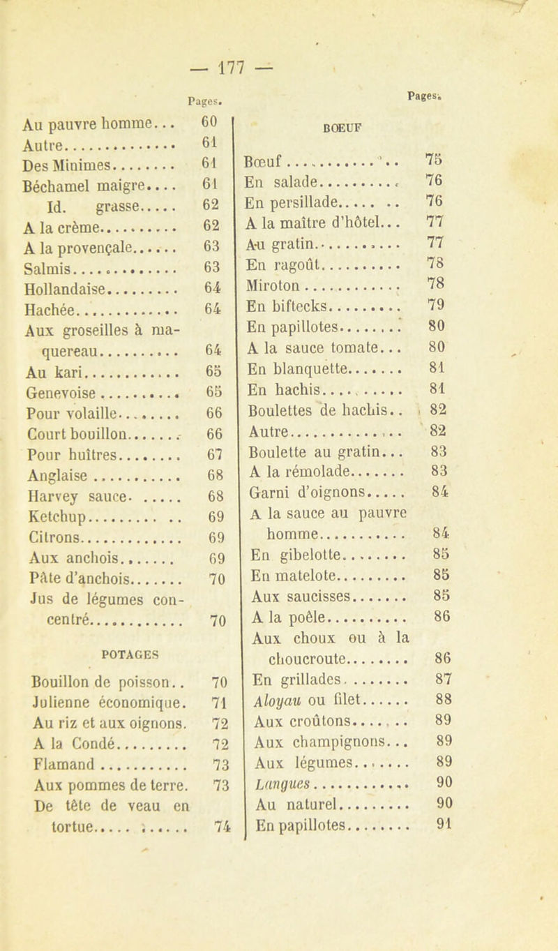 Pages. Au pauvre homme... 60 Autre 61 Des Minimes 61 Béchamel maigre.... 61 Id. grasse 62 A la crème 62 A la provençale 63 Salmis 63 Hollandaise 64 Hachée 64 Aux groseilles à ma- quereau 64 Au kari 65 Genevoise 65 Pour volaille 66 Court bouillon 66 Pour huîtres 67 Anglaise 68 Harvey sauce 68 Ketchup 69 Citrons 69 Aux anchois., 69 PiUe d’anchois 70 Jus de légumes con- centré 70 POTAGES Bouillon de poisson.. 70 Julienne économique. 71 Au riz et aux oignons. 72 A la Condé 72 Flamand 73 Aux pommes de terre. 73 De tête de veau en tortue 74 Pages-, BŒUF Bœuf '.. 75 En salade 76 En persillade 76 A la maître d’hôtel... 77 A-u gratin. 77 En ragoût 78 Miroton 78 En biftecks 79 En papillotes .* 80 A la sauce tomate... 80 En blanquette 81 En hachis 81 Boulettes de hachis.. i 82 Autre 82 Boulette au gratin... 83 A la rémolade 83 Garni d’oignons 84 A la sauce au pauvre homme 84 En gibelotte 85 En matelote 85 Aux saucisses 85 A la poêle 86 Aux choux ou à la choucroute 86 En grillades 87 Aloyau ou filet 88 Aux croûtons 89 Aux champignons... 89 Aux légumes 89 Langues 90 Au naturel 90 En papillotes 91